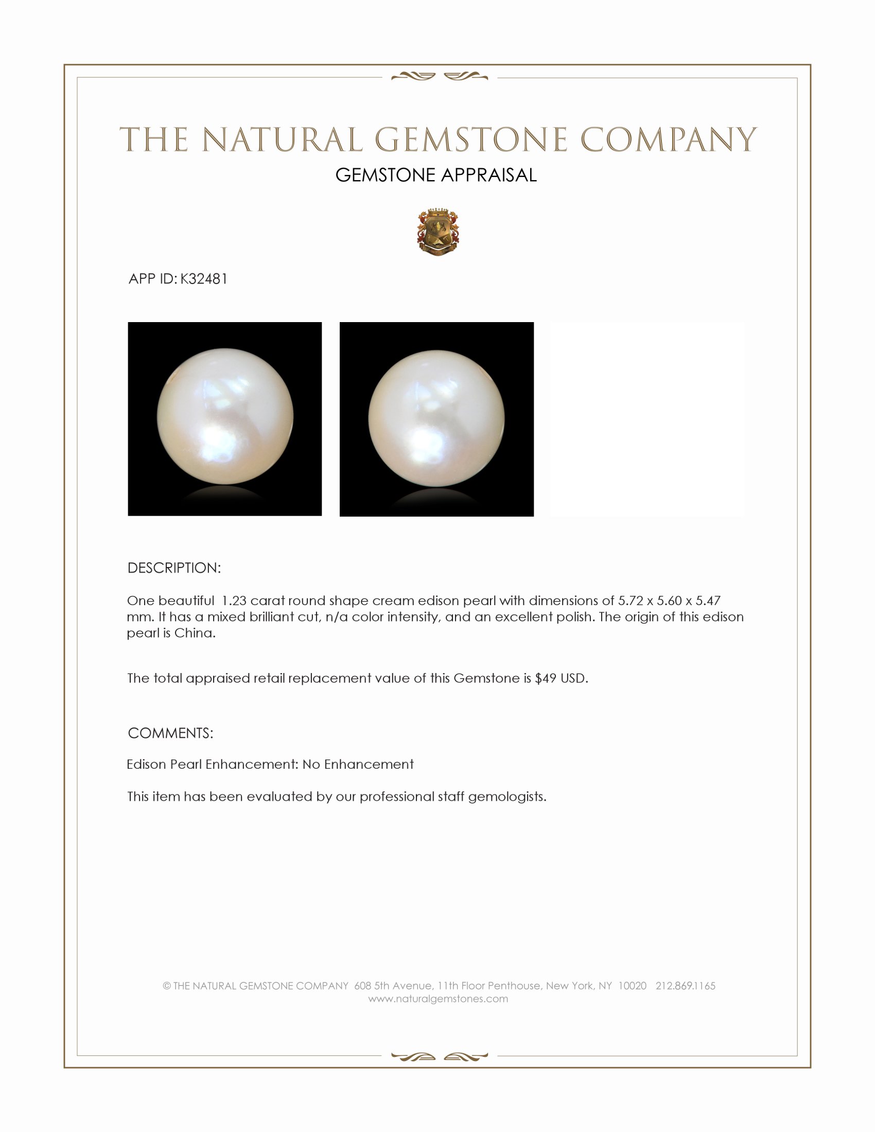 1.23 Ct. Cream Edison Pearl from China
