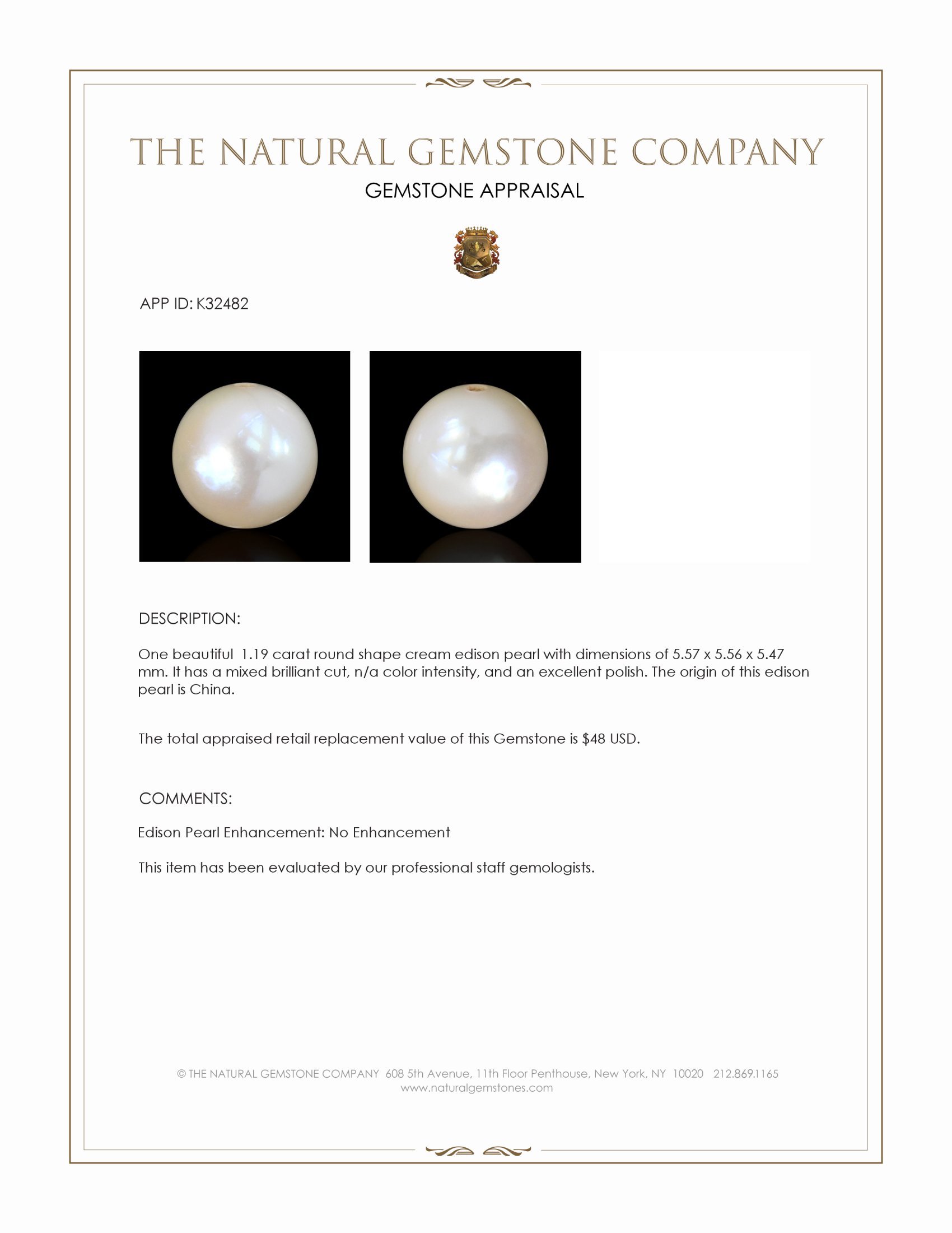 1.19 Ct. Cream Edison Pearl from China