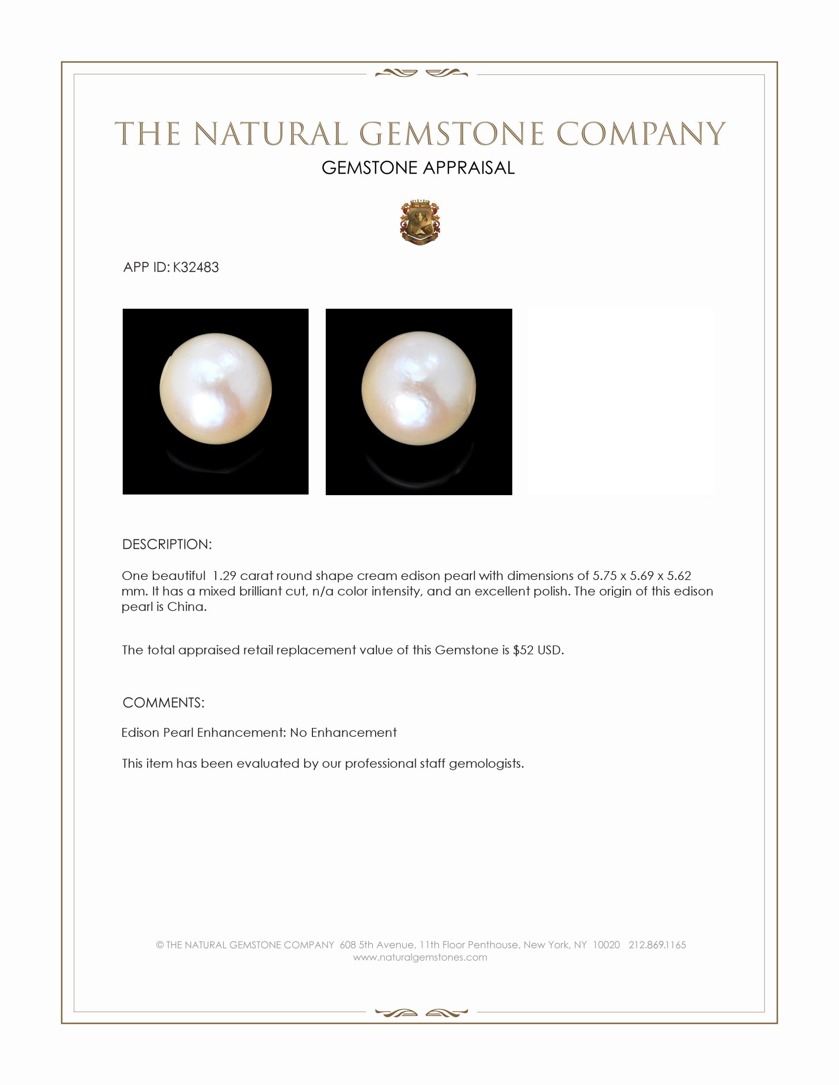 1.29 Ct. Cream Edison Pearl from China