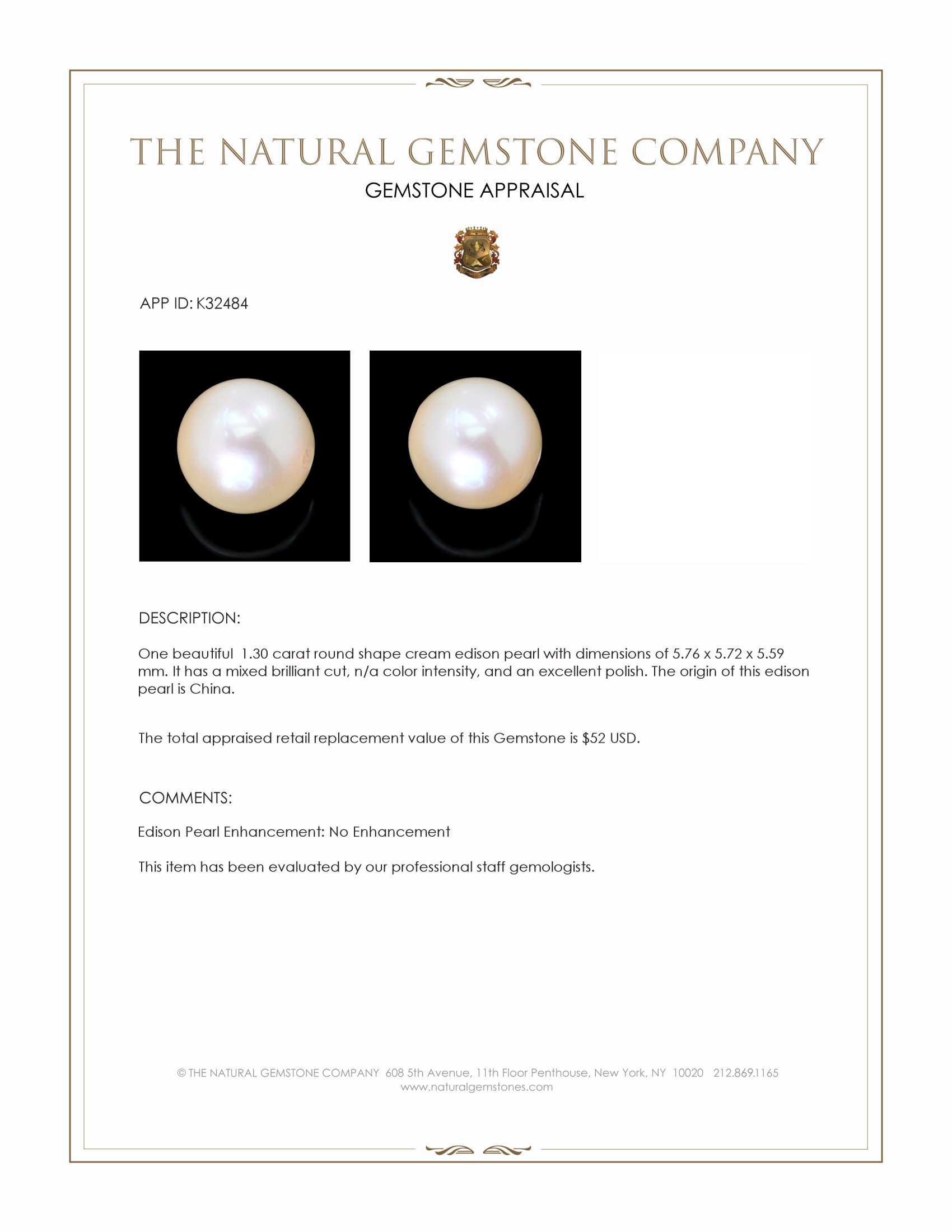 1.30 Ct. Cream Edison Pearl from China