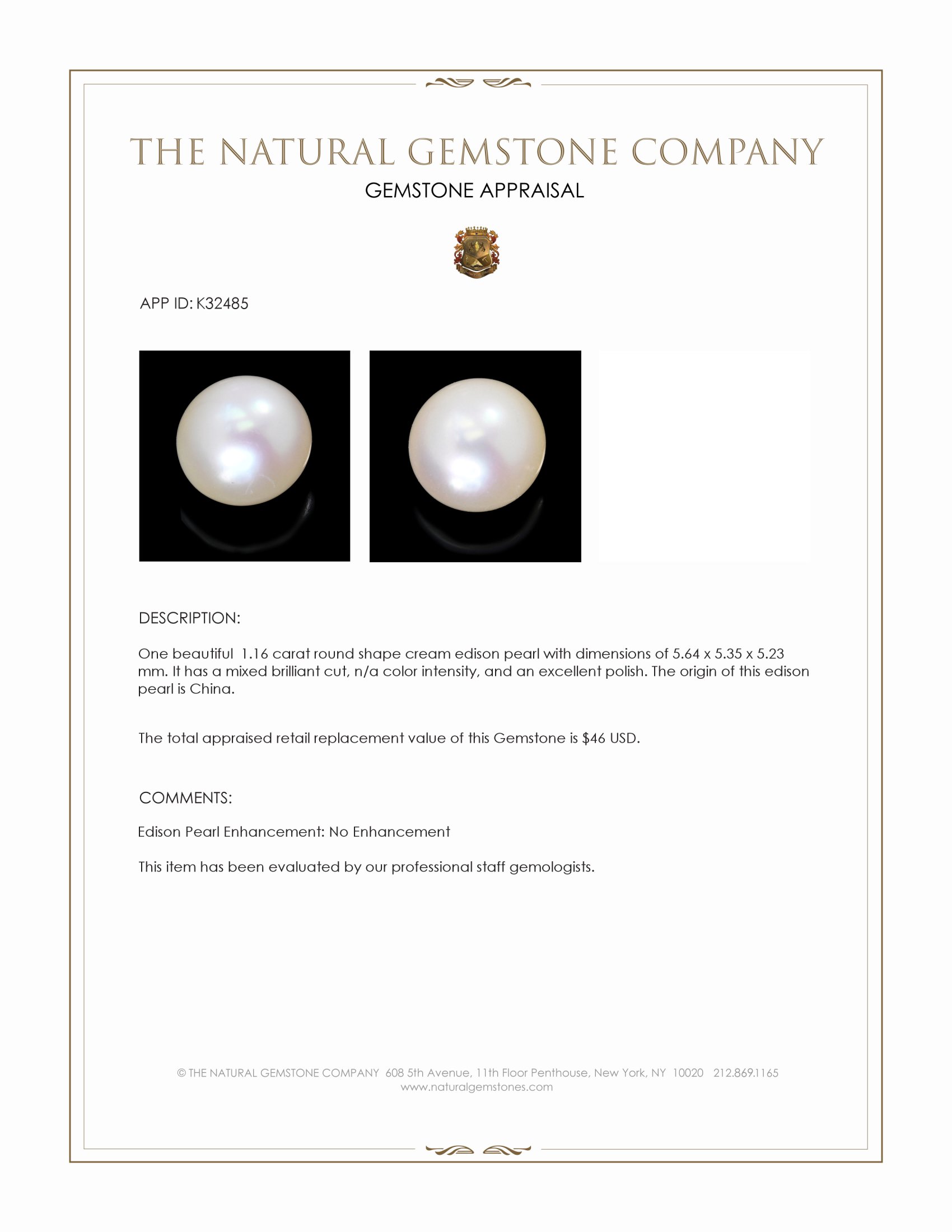 1.16 Ct. Cream Edison Pearl from China