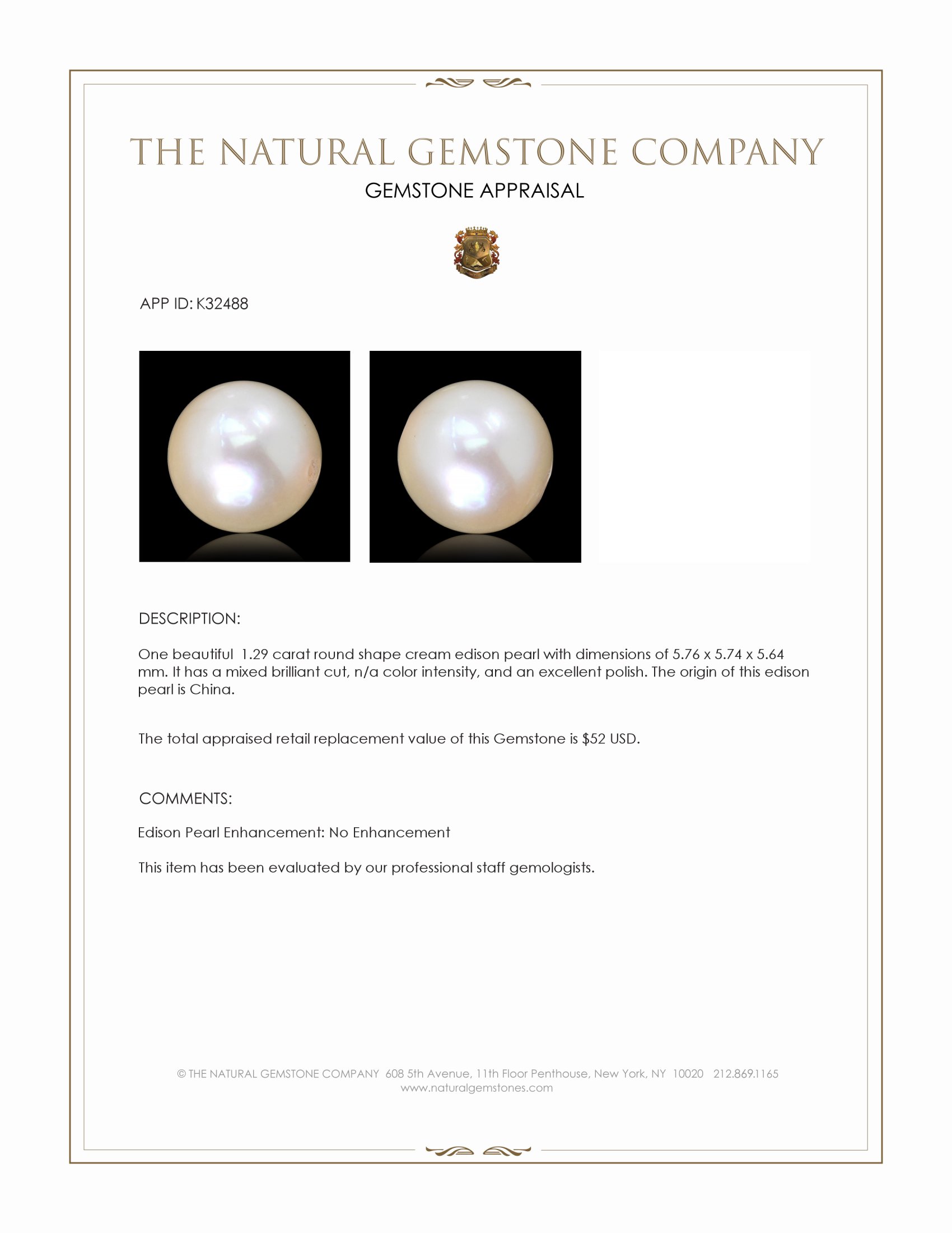 1.29 Ct. Cream Edison Pearl from China