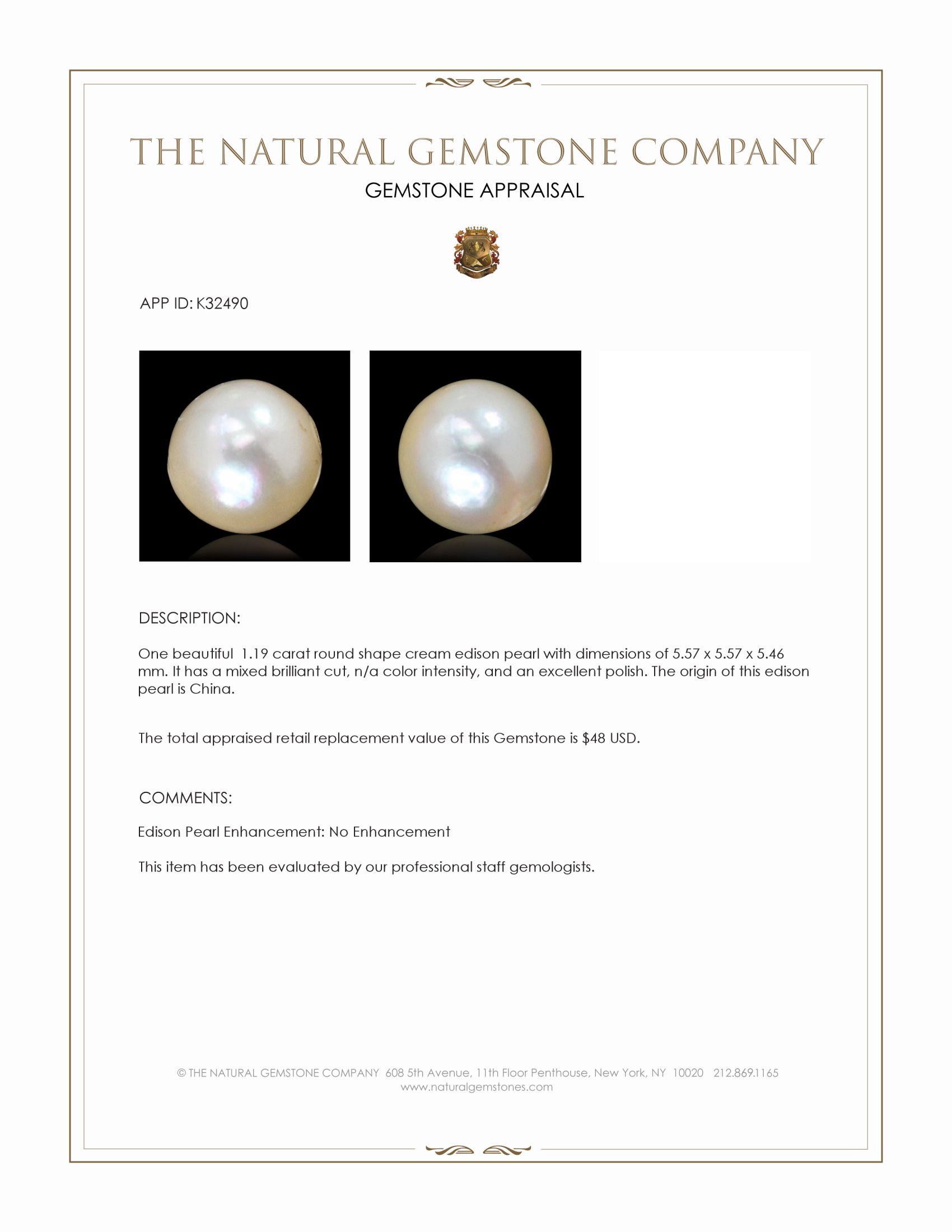 1.19 Ct. Cream Edison Pearl from China