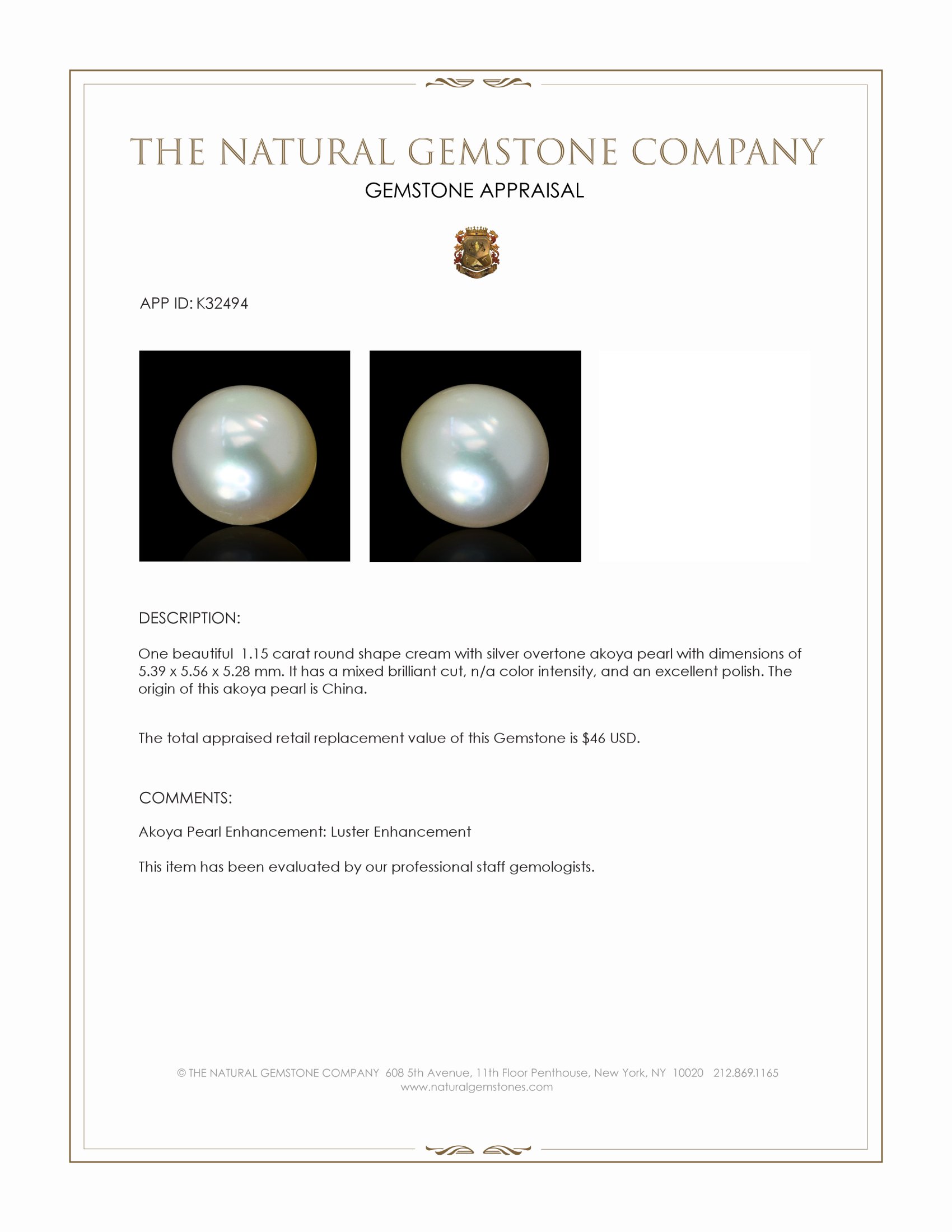 1.15 Ct. Cream with Silver Overtone Akoya Pearl from China