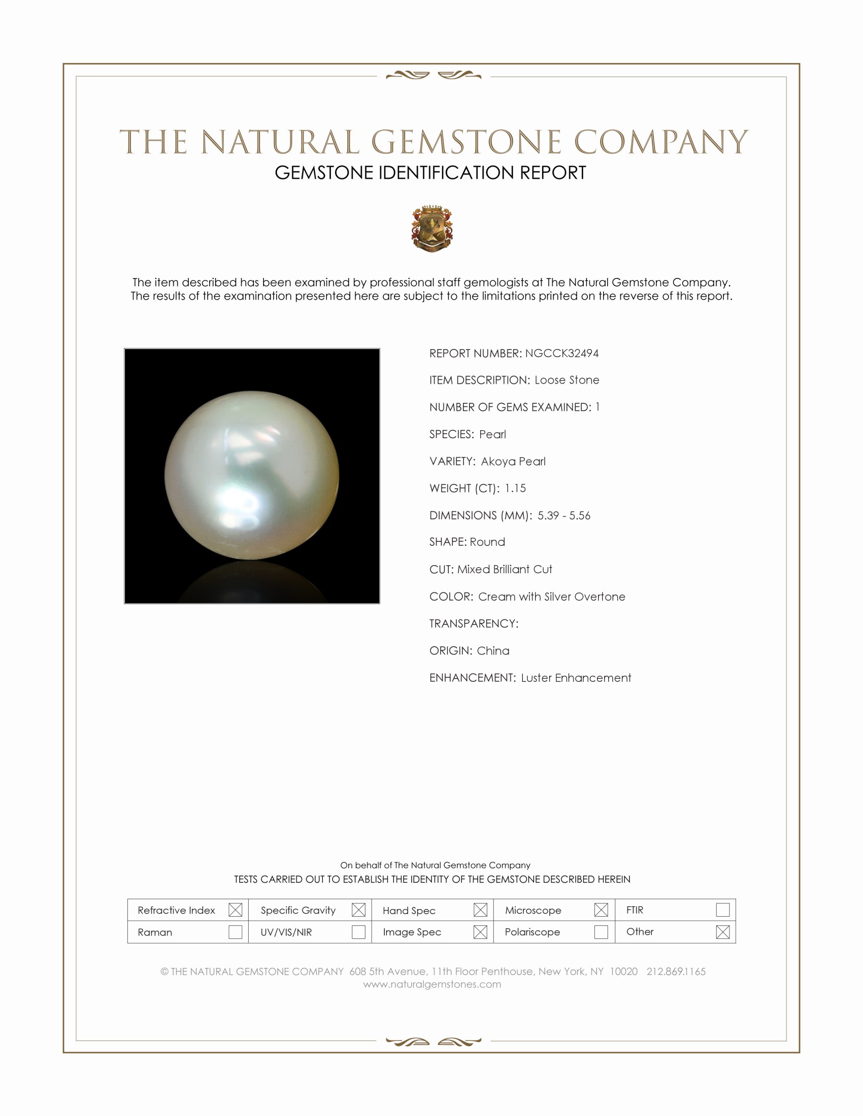 1.15 Ct. Cream with Silver Overtone Akoya Pearl from China