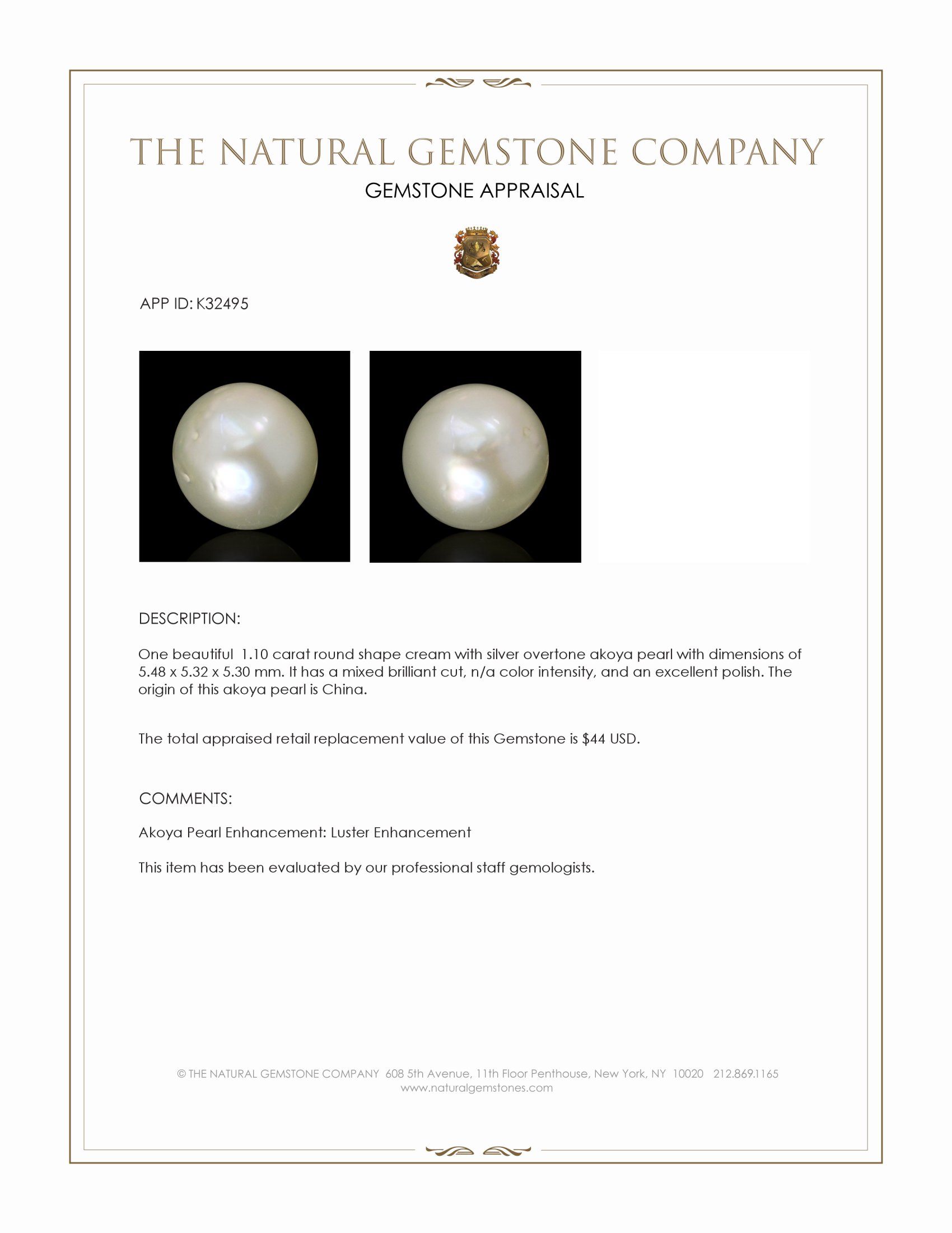 1.10 Ct. Cream with Silver Overtone Akoya Pearl from China