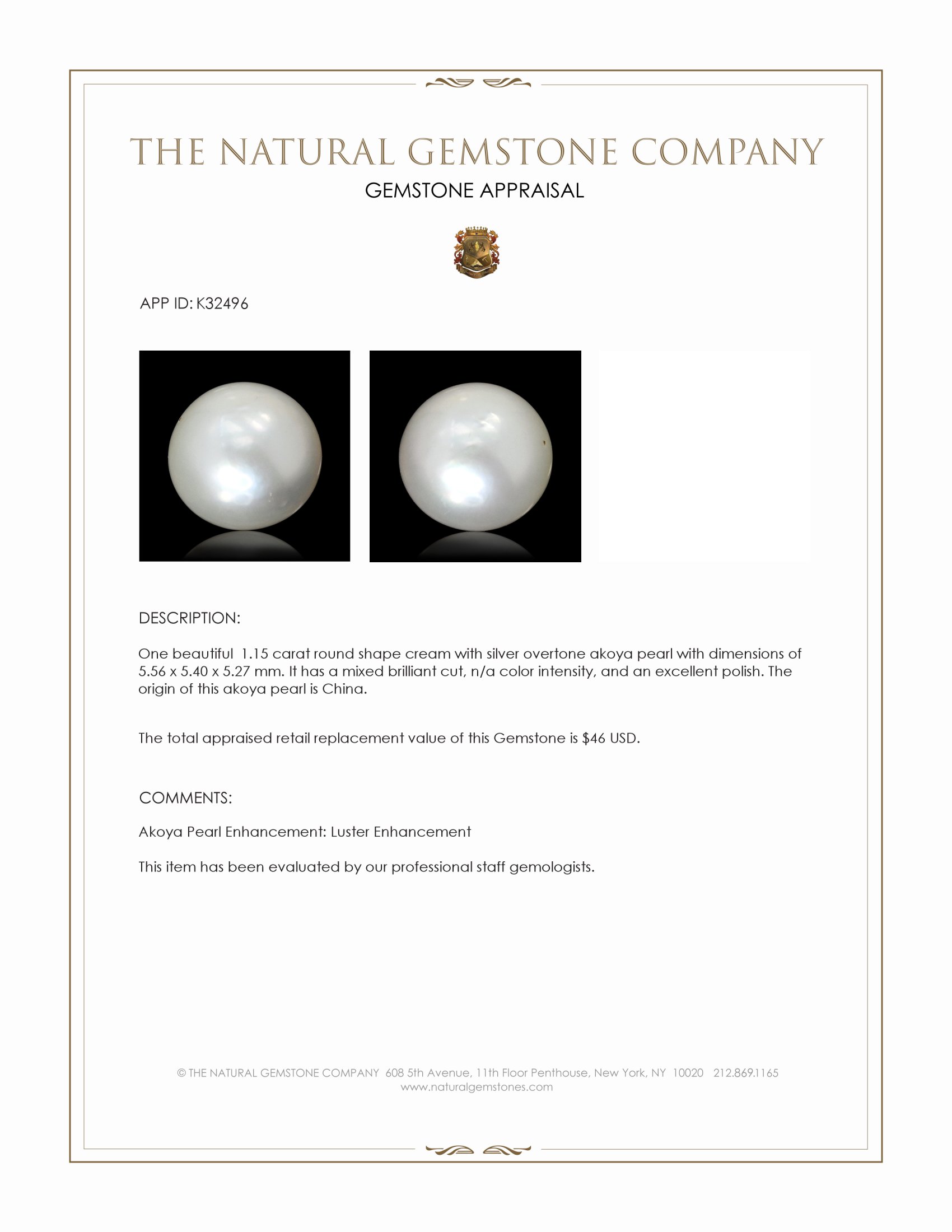 1.15 Ct. Cream with Silver Overtone Akoya Pearl from China