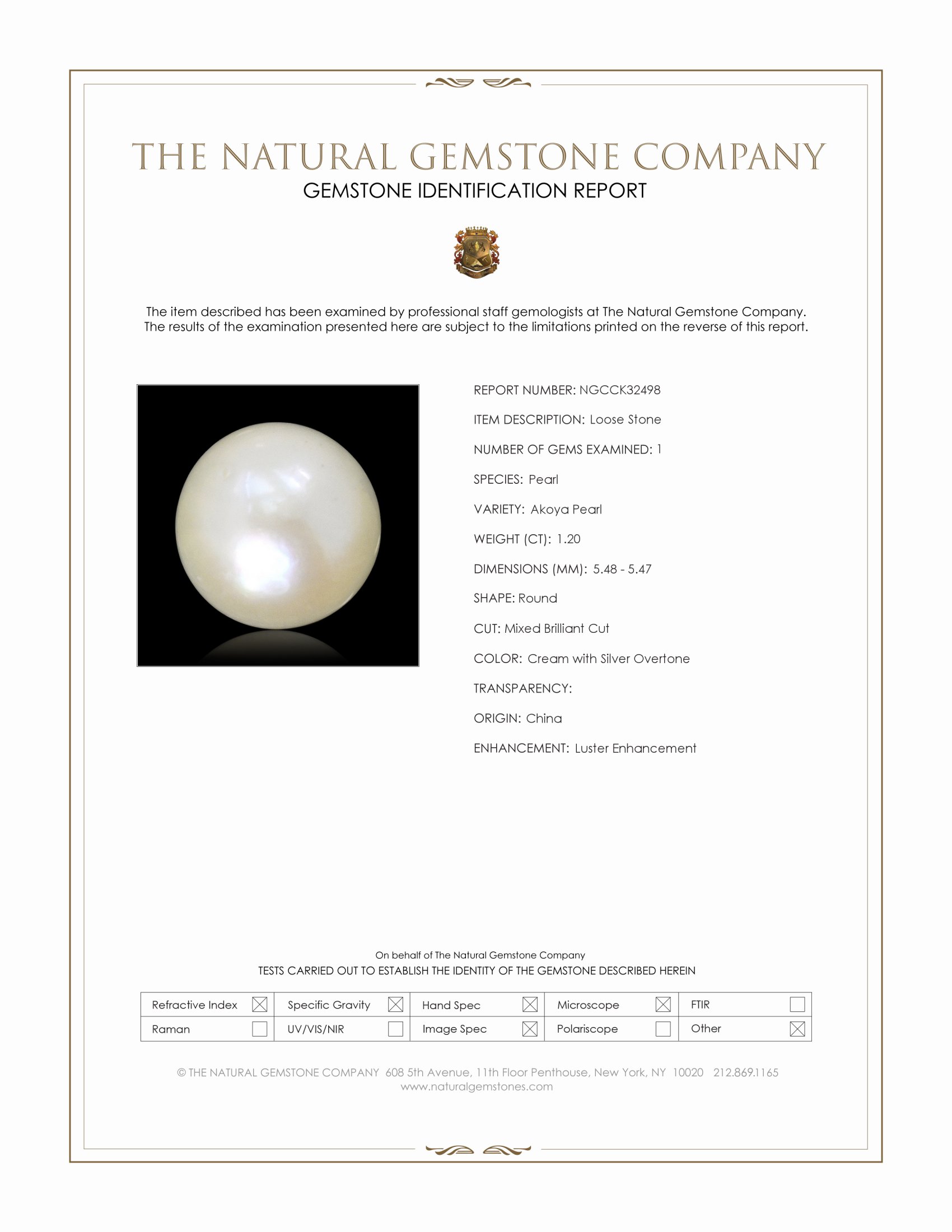 1.20 Ct. Cream with Silver Overtone Akoya Pearl from China