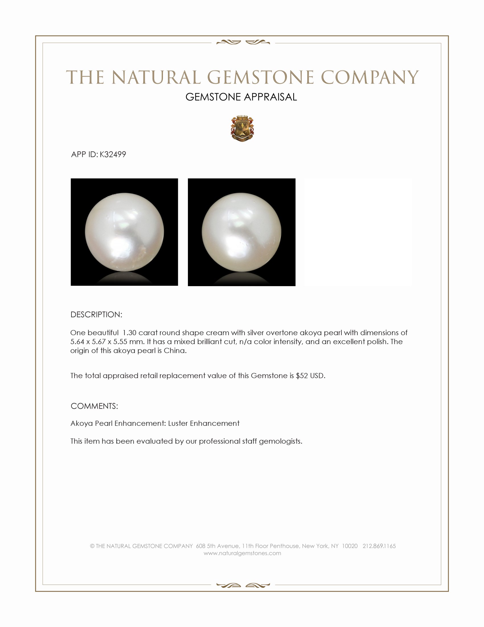 1.30 Ct. Cream with Silver Overtone Akoya Pearl from China