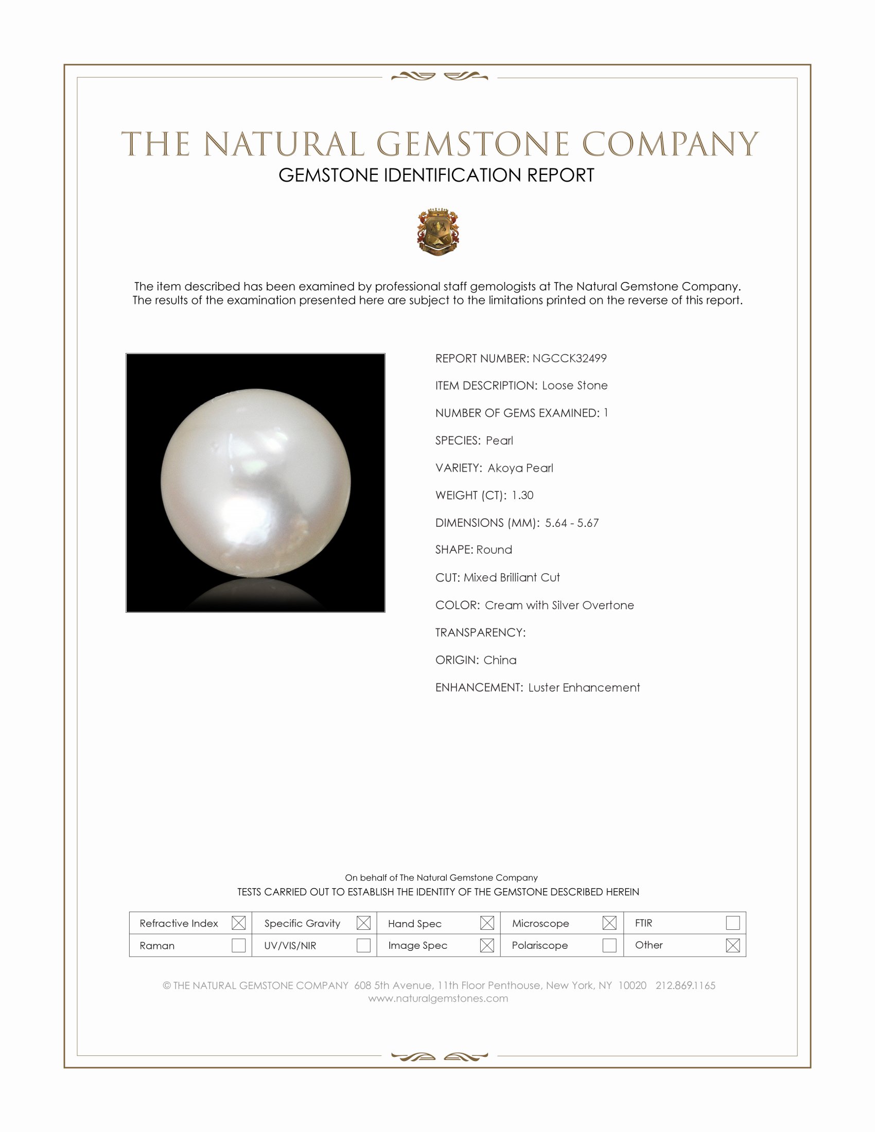 1.30 Ct. Cream with Silver Overtone Akoya Pearl from China