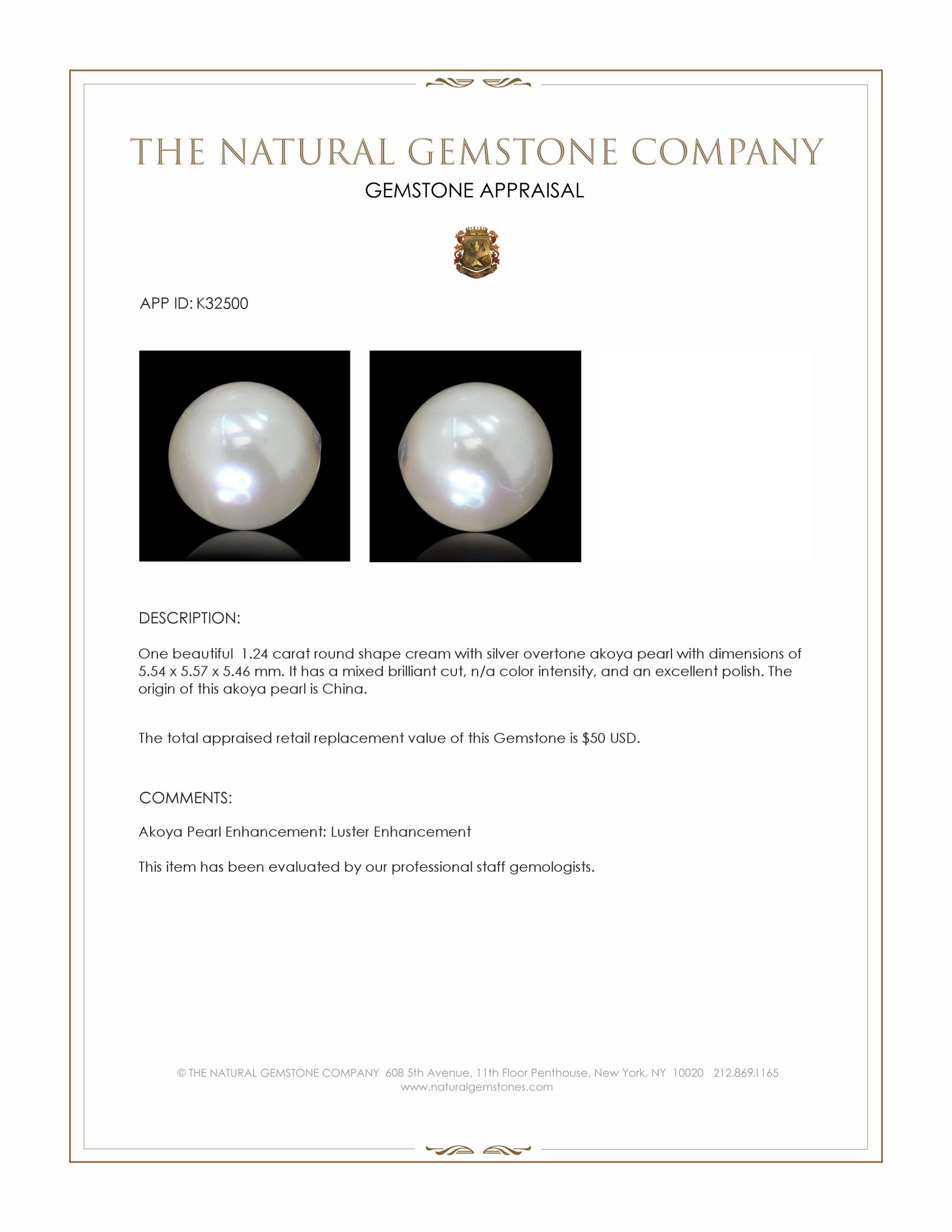 1.24 Ct. Cream with Silver Overtone Akoya Pearl from China
