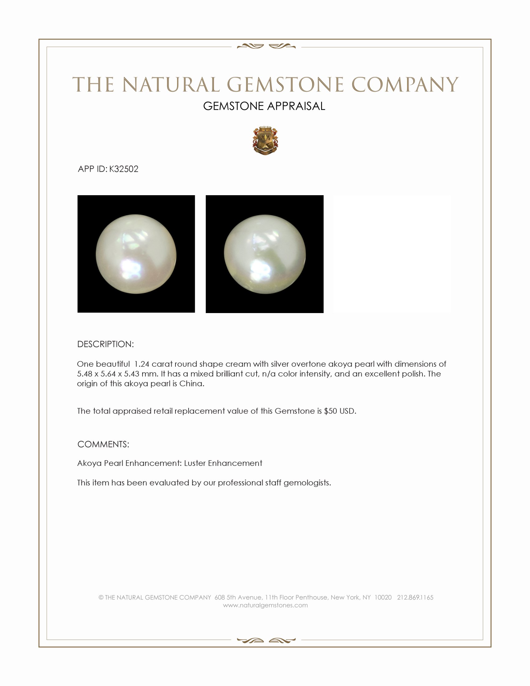1.24 Ct. Cream with Silver Overtone Akoya Pearl from China
