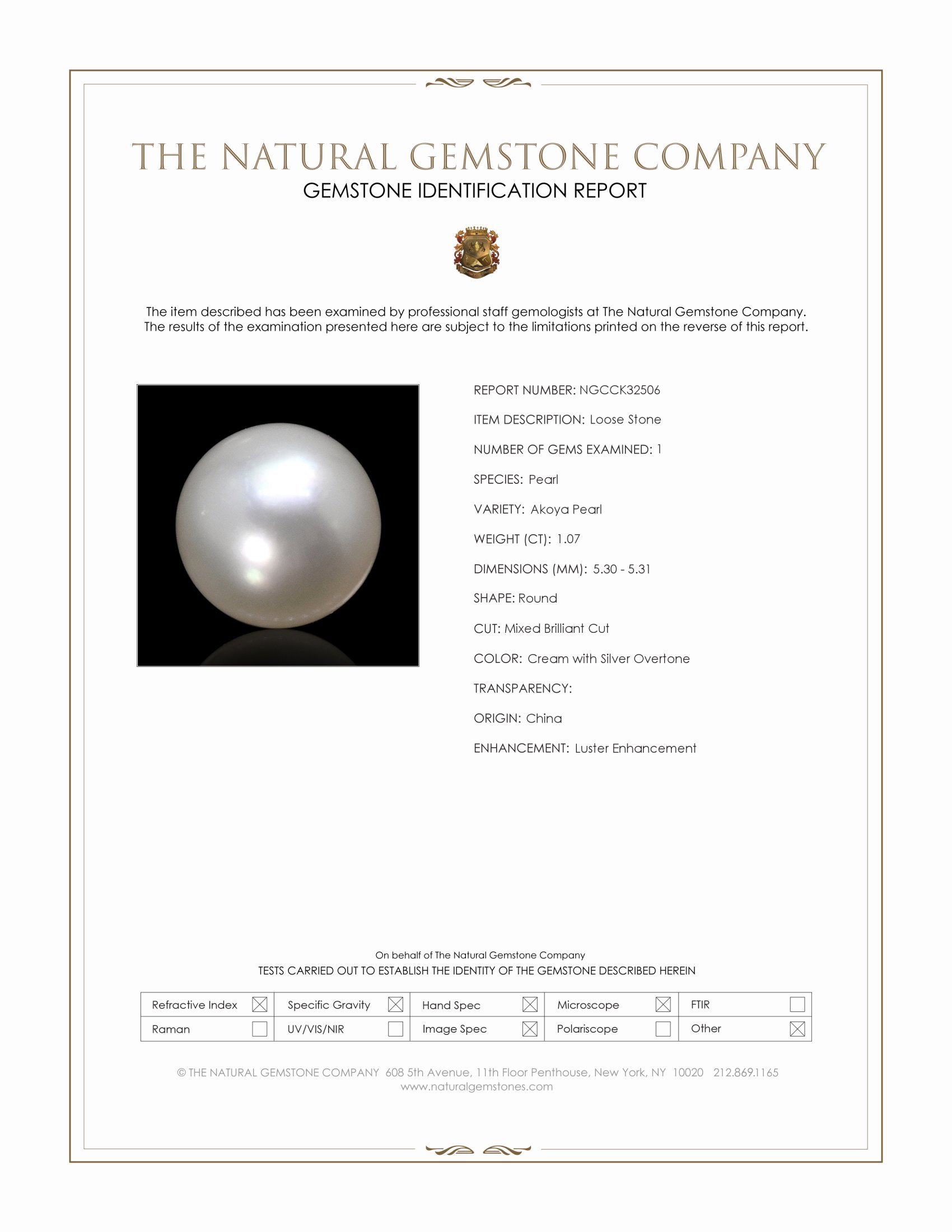 1.07 Ct. Cream with Silver Overtone Akoya Pearl from China