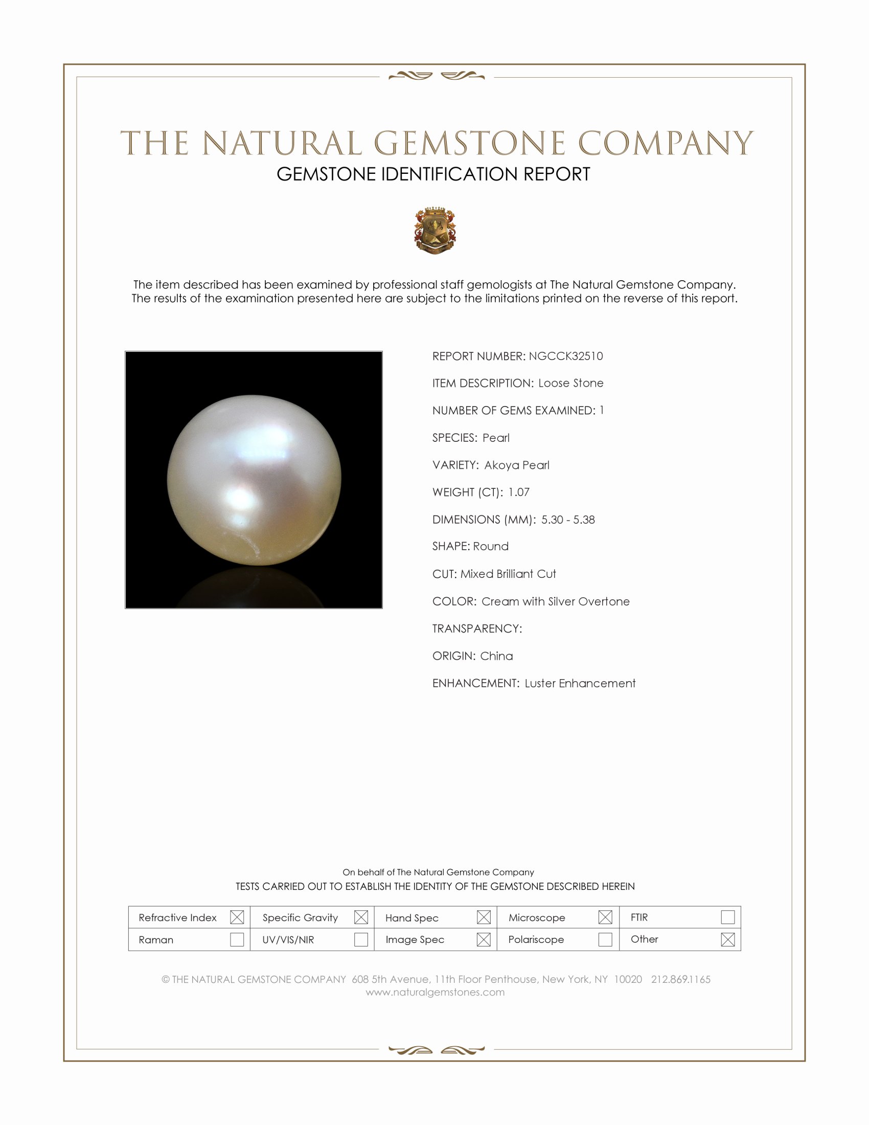 1.07 Ct. Cream with Silver Overtone Akoya Pearl from China
