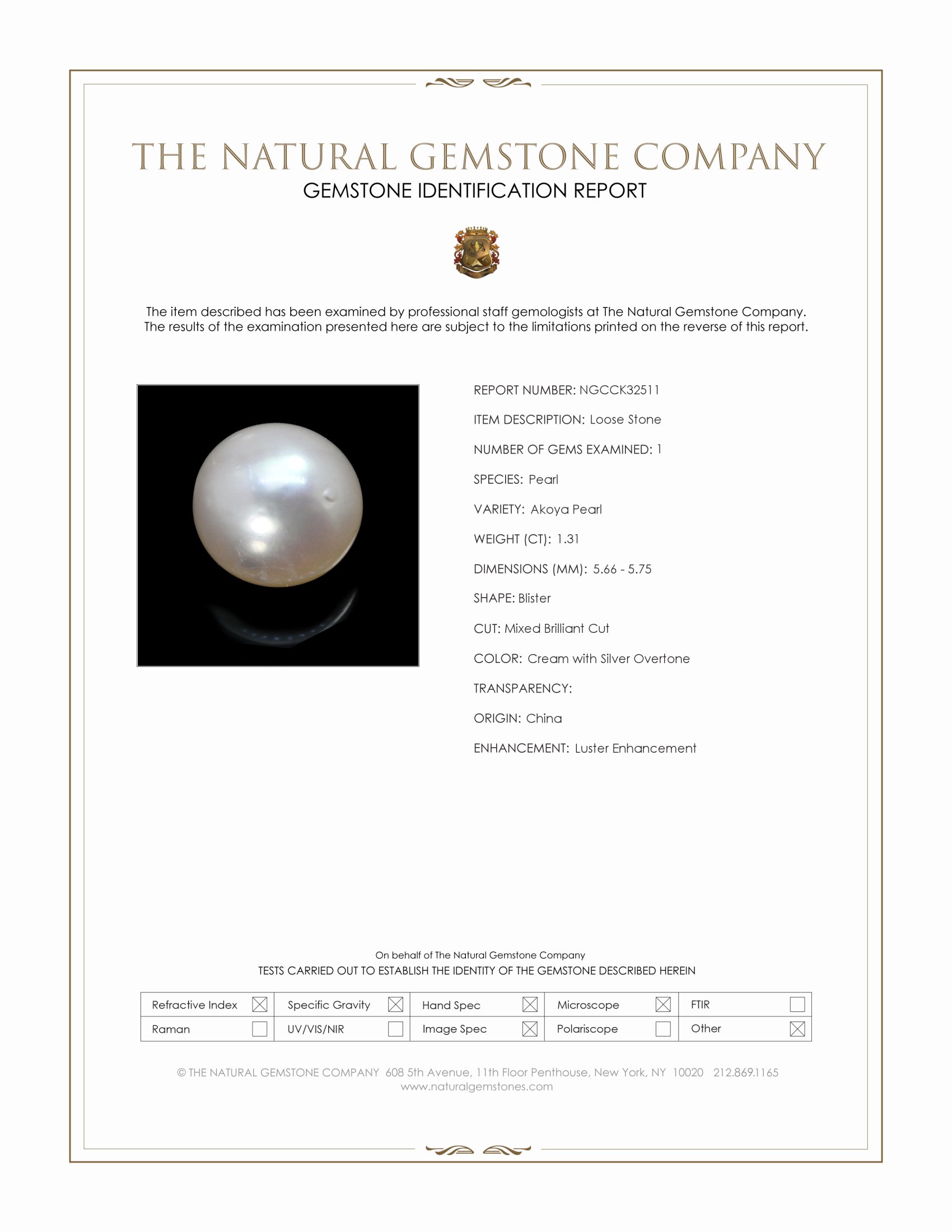 1.31 Ct. Cream with Silver Overtone Akoya Pearl from China