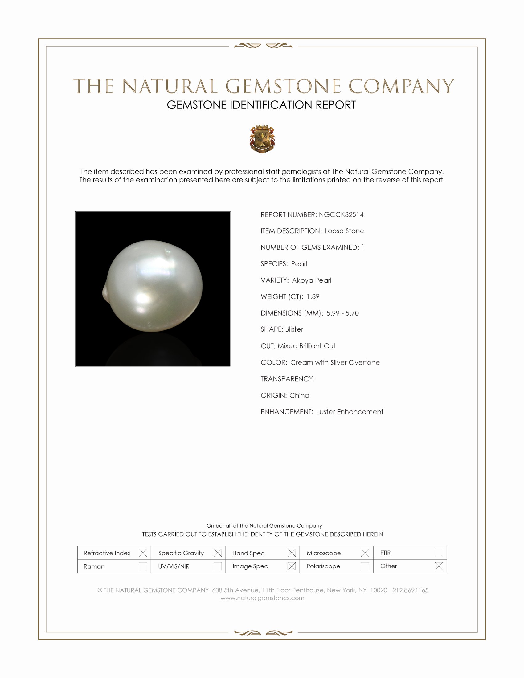 1.39 Ct. Cream with Silver Overtone Akoya Pearl from China