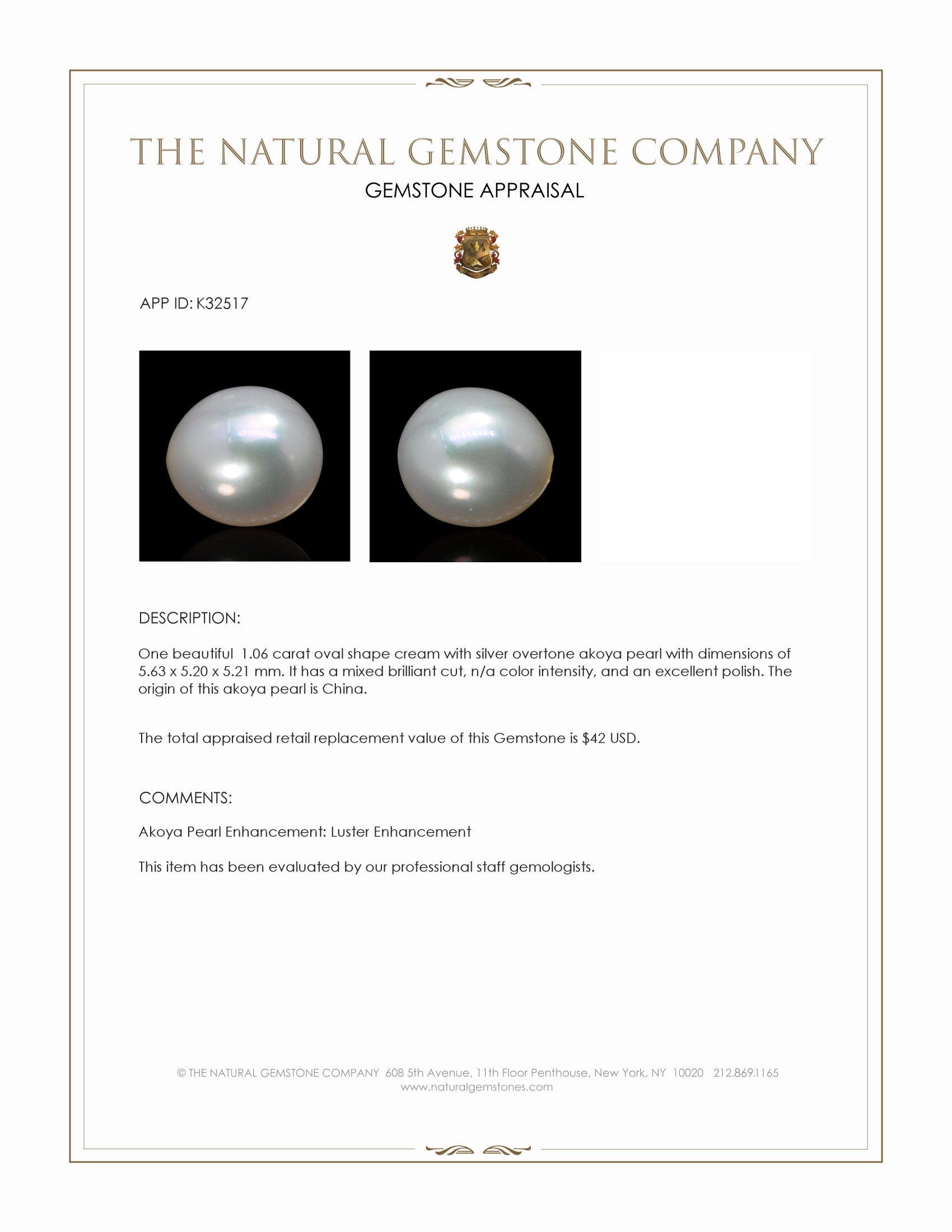 1.06 Ct. Cream with Silver Overtone Akoya Pearl from China