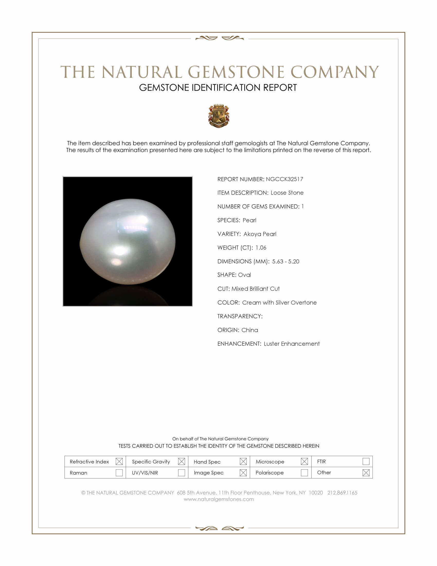 1.06 Ct. Cream with Silver Overtone Akoya Pearl from China