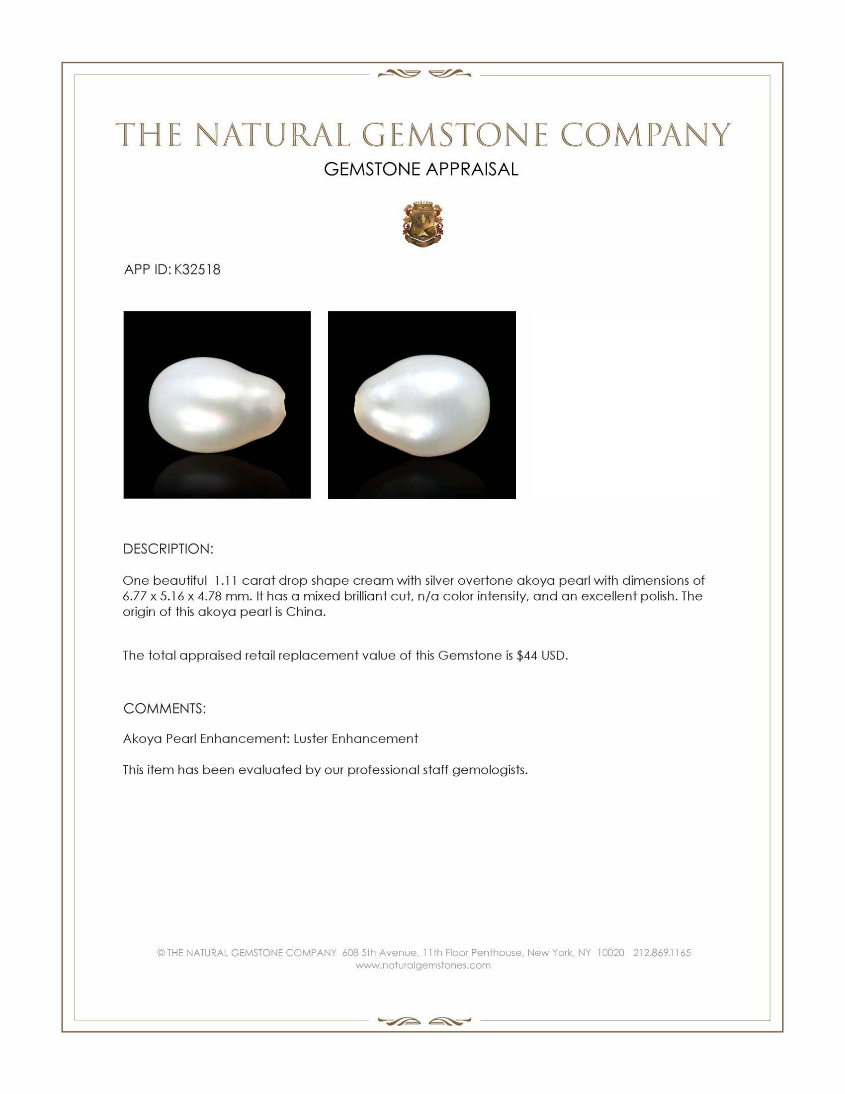 1.11 Ct. Cream with Silver Overtone Akoya Pearl from China