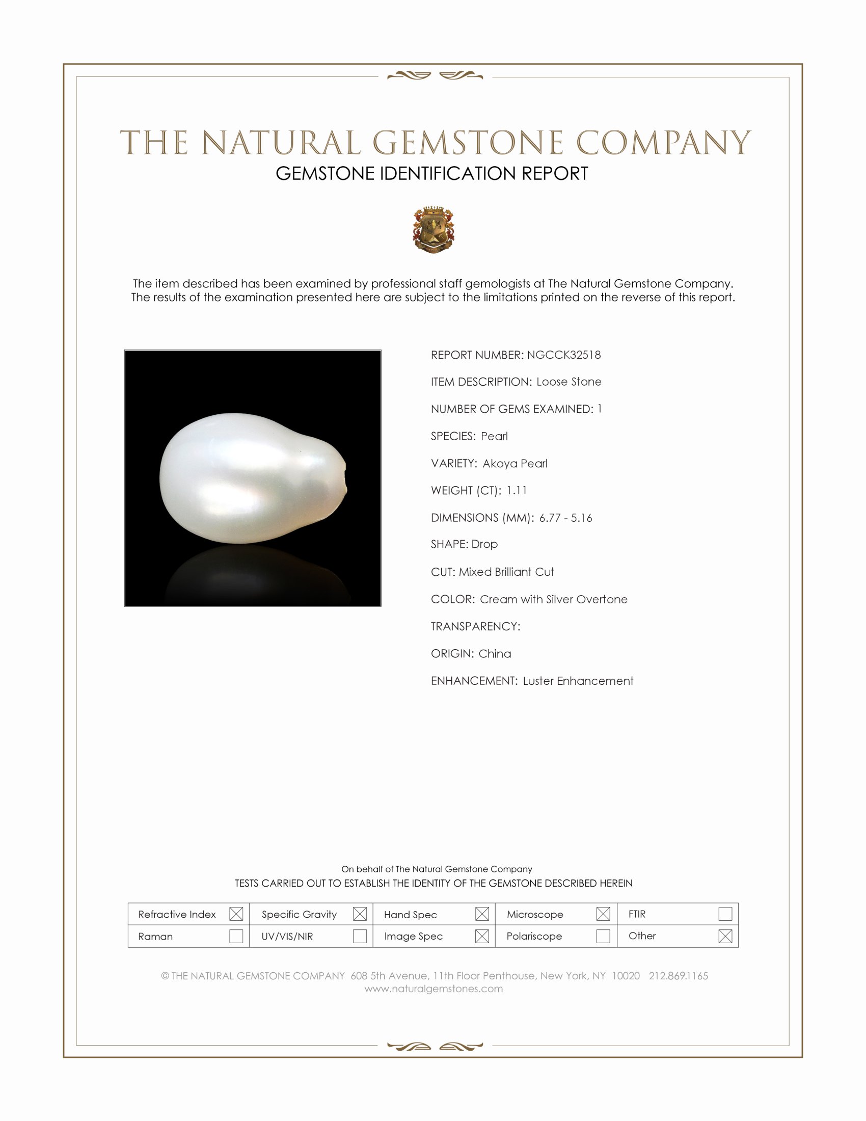 1.11 Ct. Cream with Silver Overtone Akoya Pearl from China