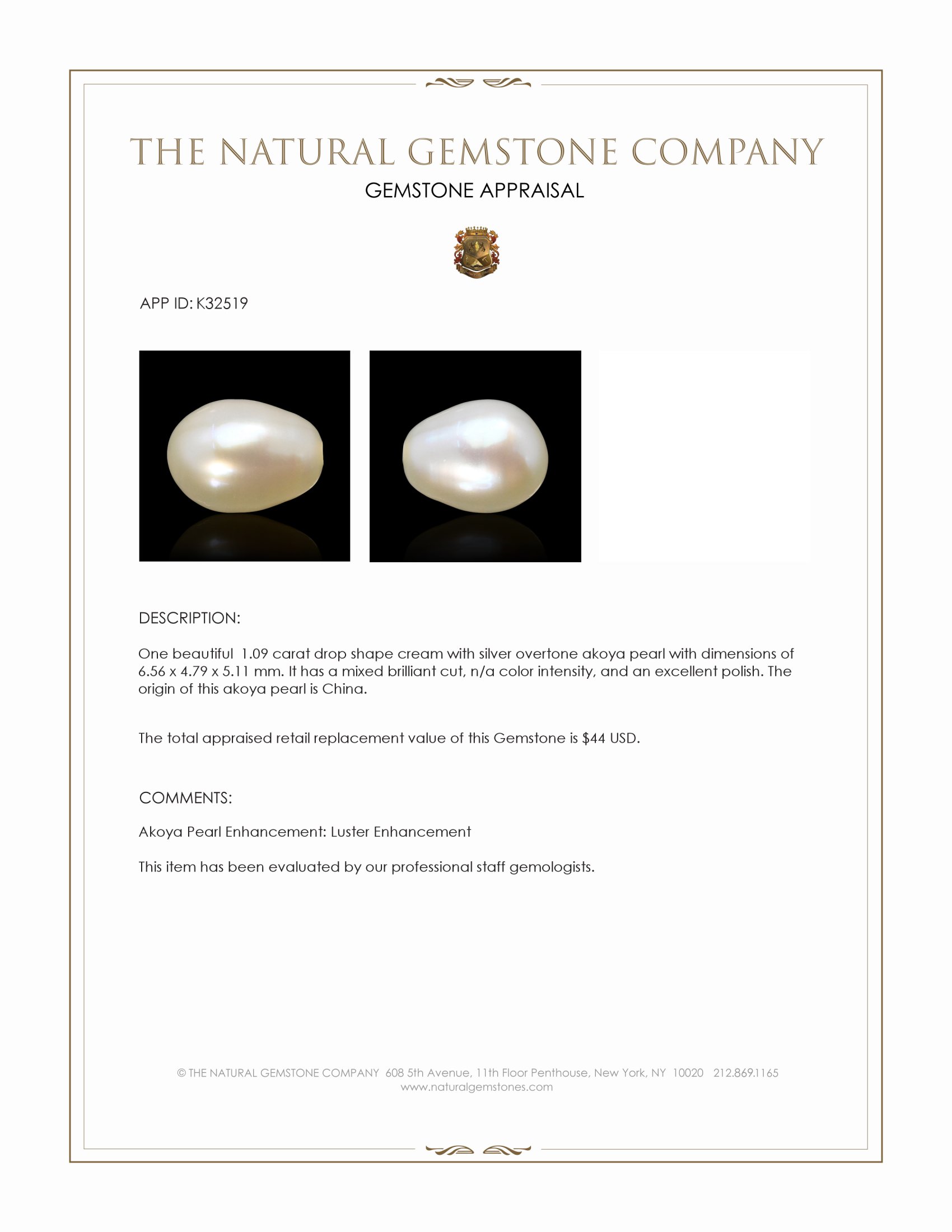 1.09 Ct. Cream with Silver Overtone Akoya Pearl from China