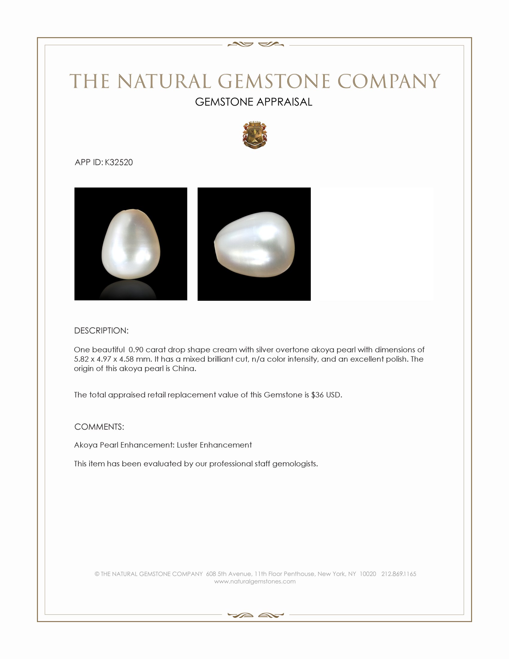 0.90 Ct. Cream with Silver Overtone Akoya Pearl from China
