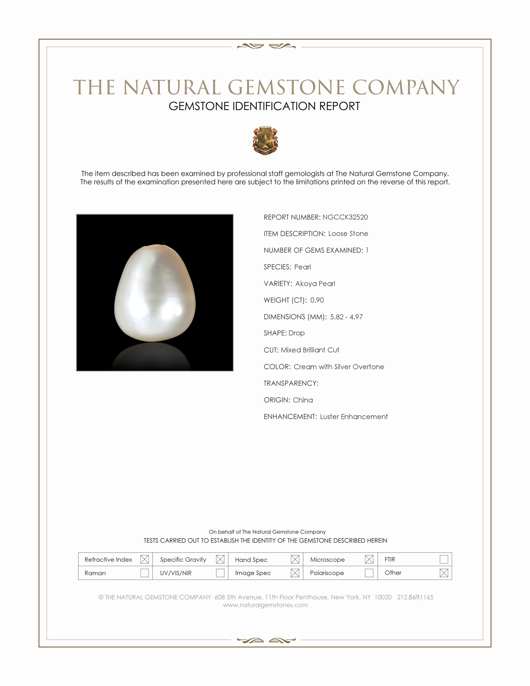 0.90 Ct. Cream with Silver Overtone Akoya Pearl from China