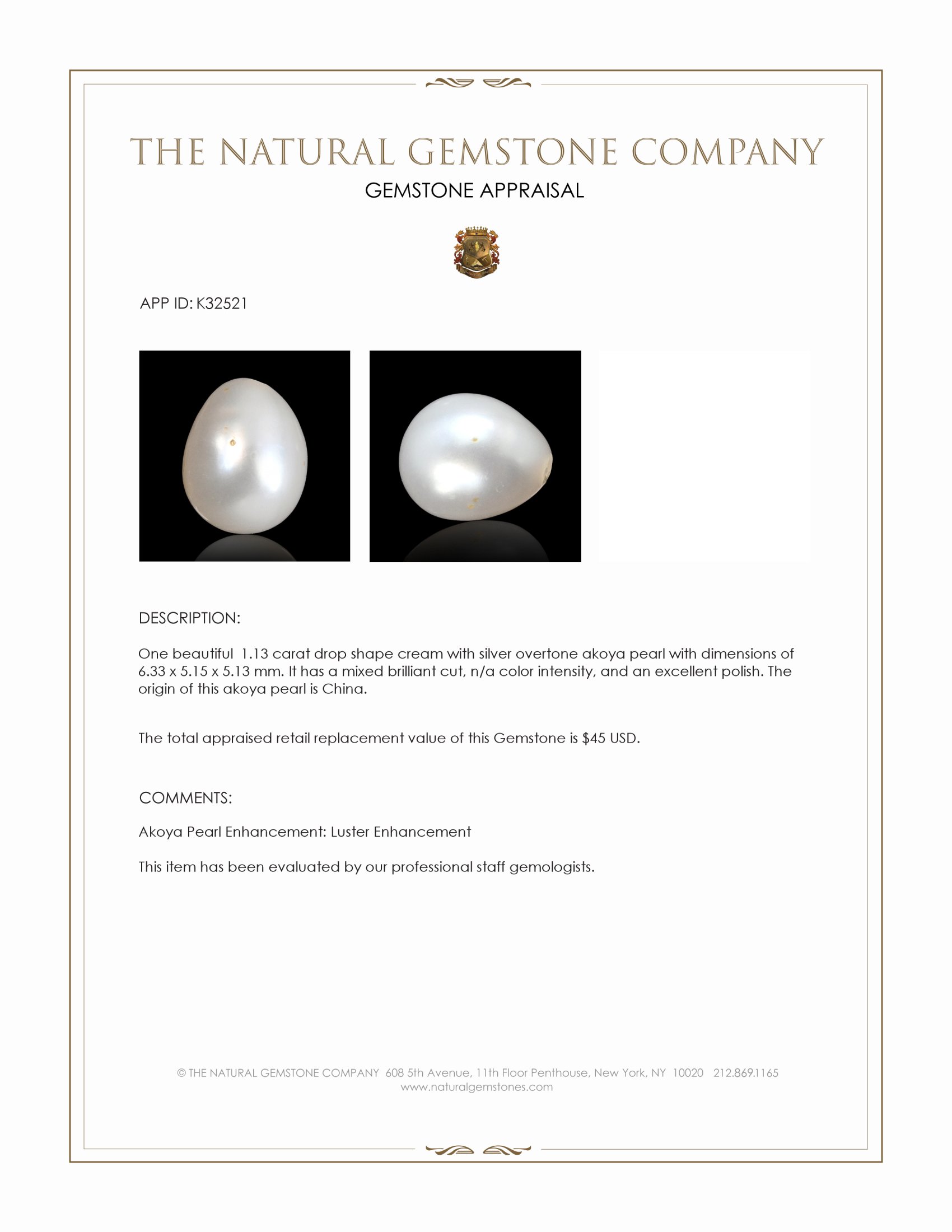 1.13 Ct. Cream with Silver Overtone Akoya Pearl from China