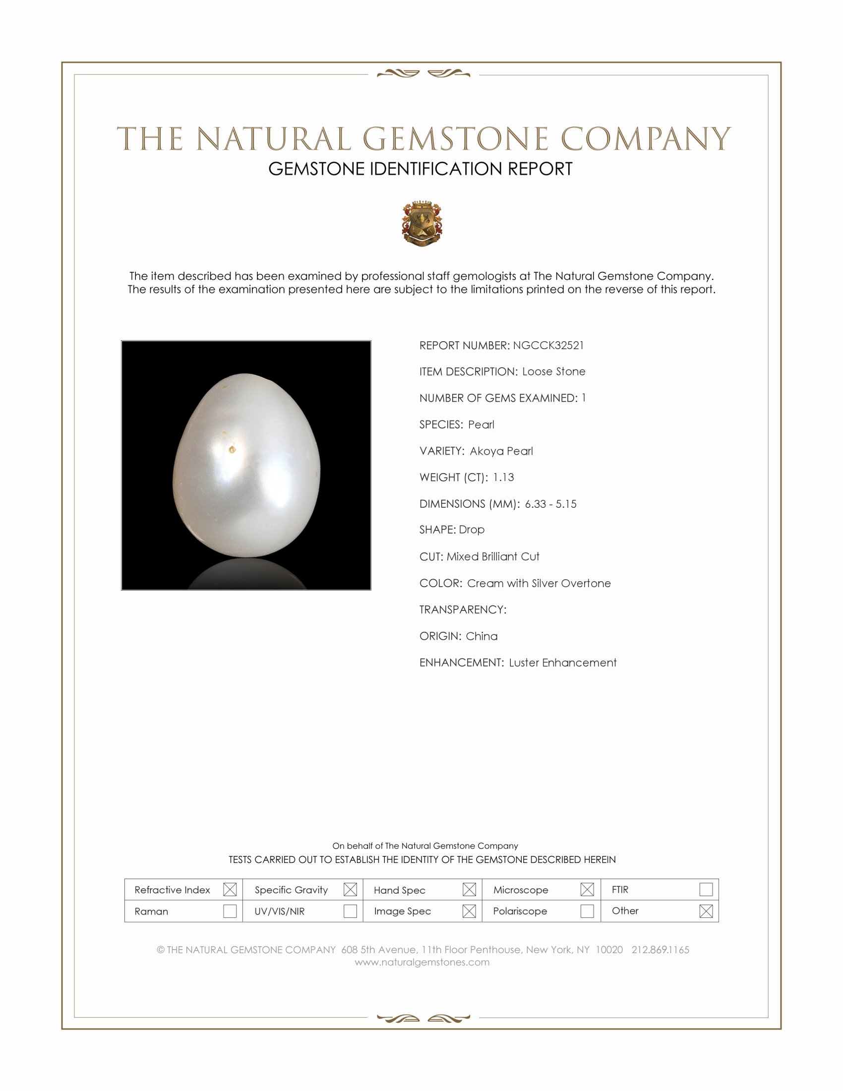 1.13 Ct. Cream with Silver Overtone Akoya Pearl from China