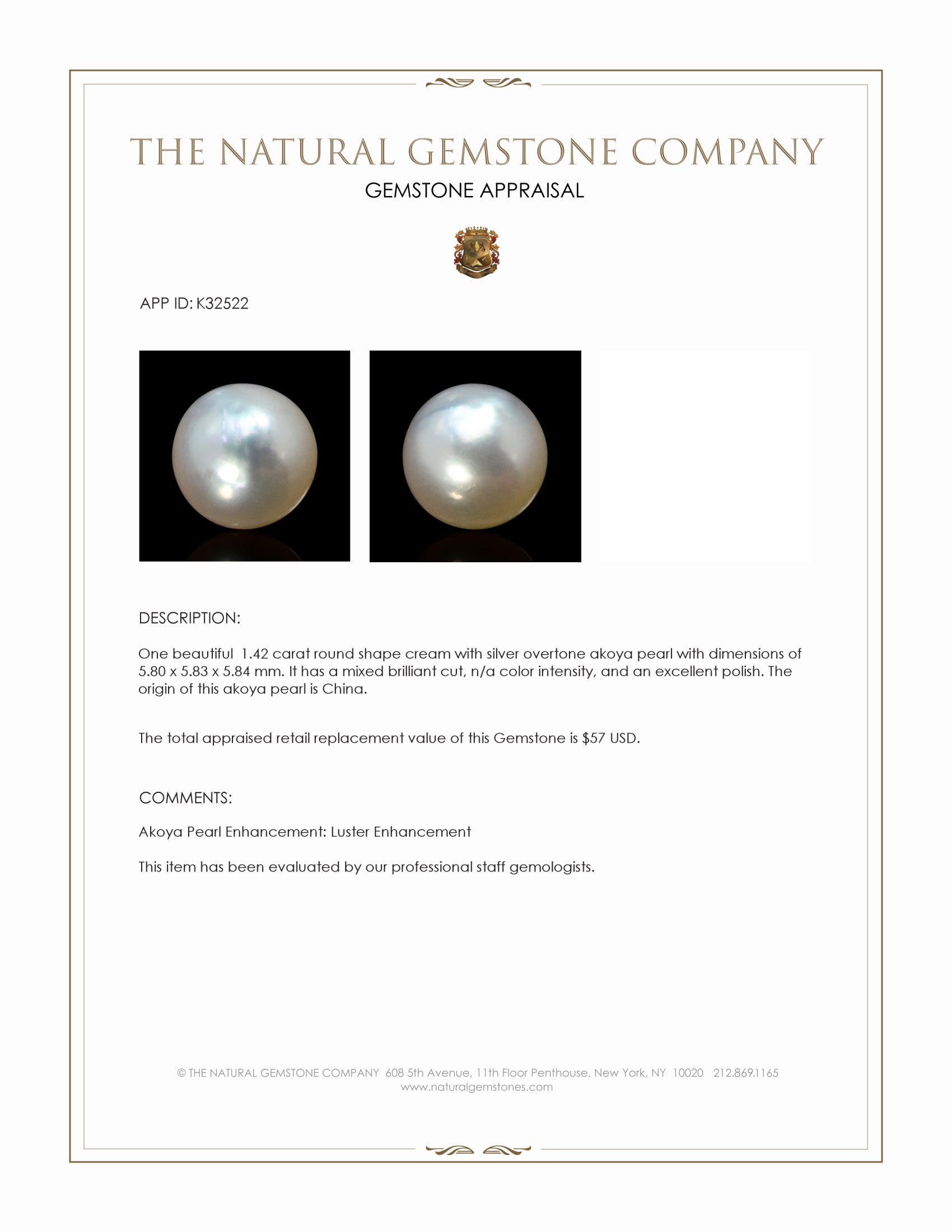 1.42 Ct. Cream with Silver Overtone Akoya Pearl from China