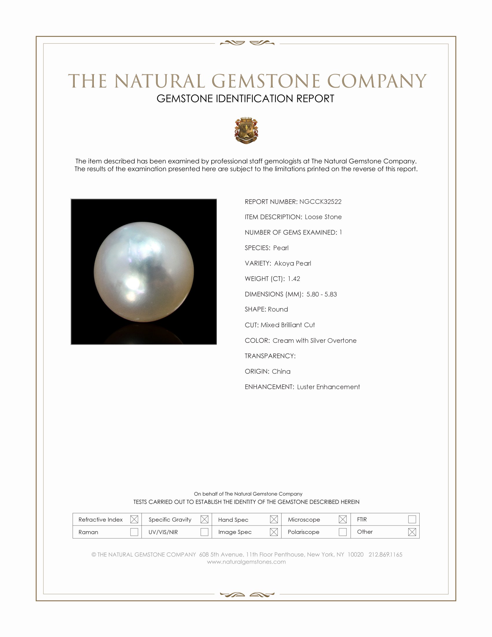 1.42 Ct. Cream with Silver Overtone Akoya Pearl from China