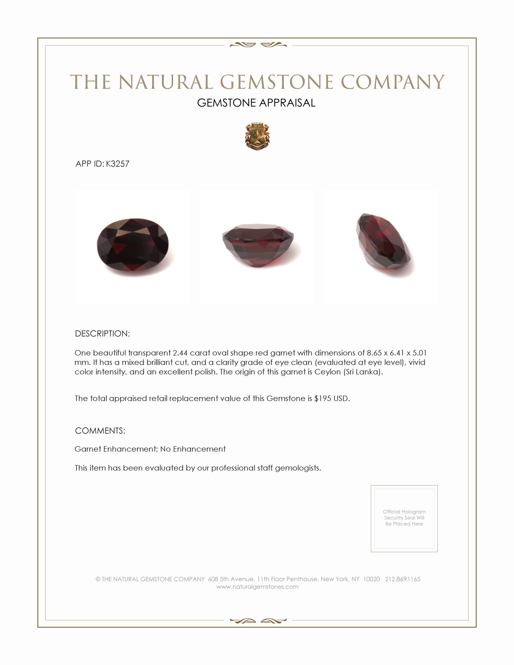2.44 Ct. Red Garnet from Ceylon (Sri Lanka)