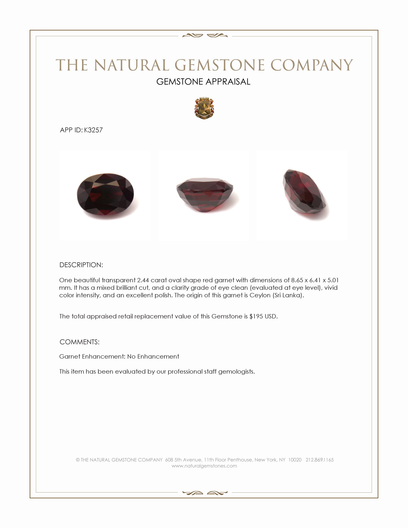 2.44 Ct. Garnet from Ceylon (Sri Lanka)