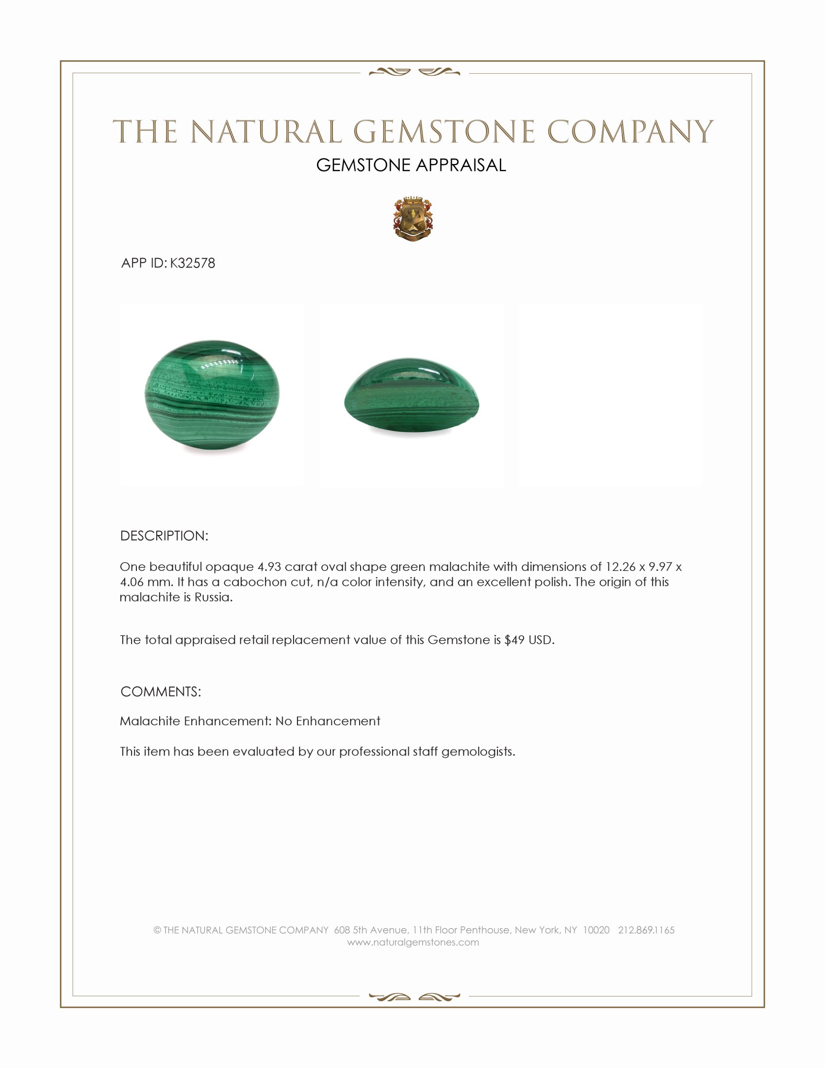 4.93 Ct. Cabochon Malachite from Russia