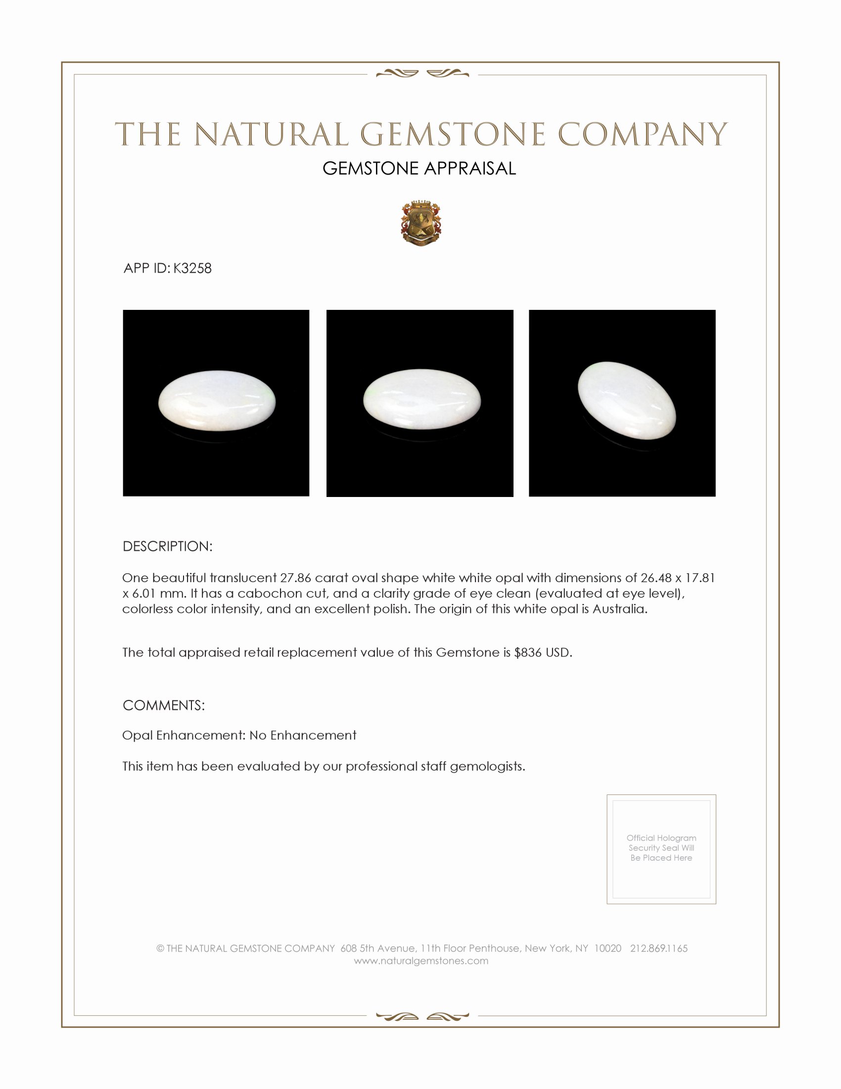 27.86 Ct. Cabochon White Opal from Australia