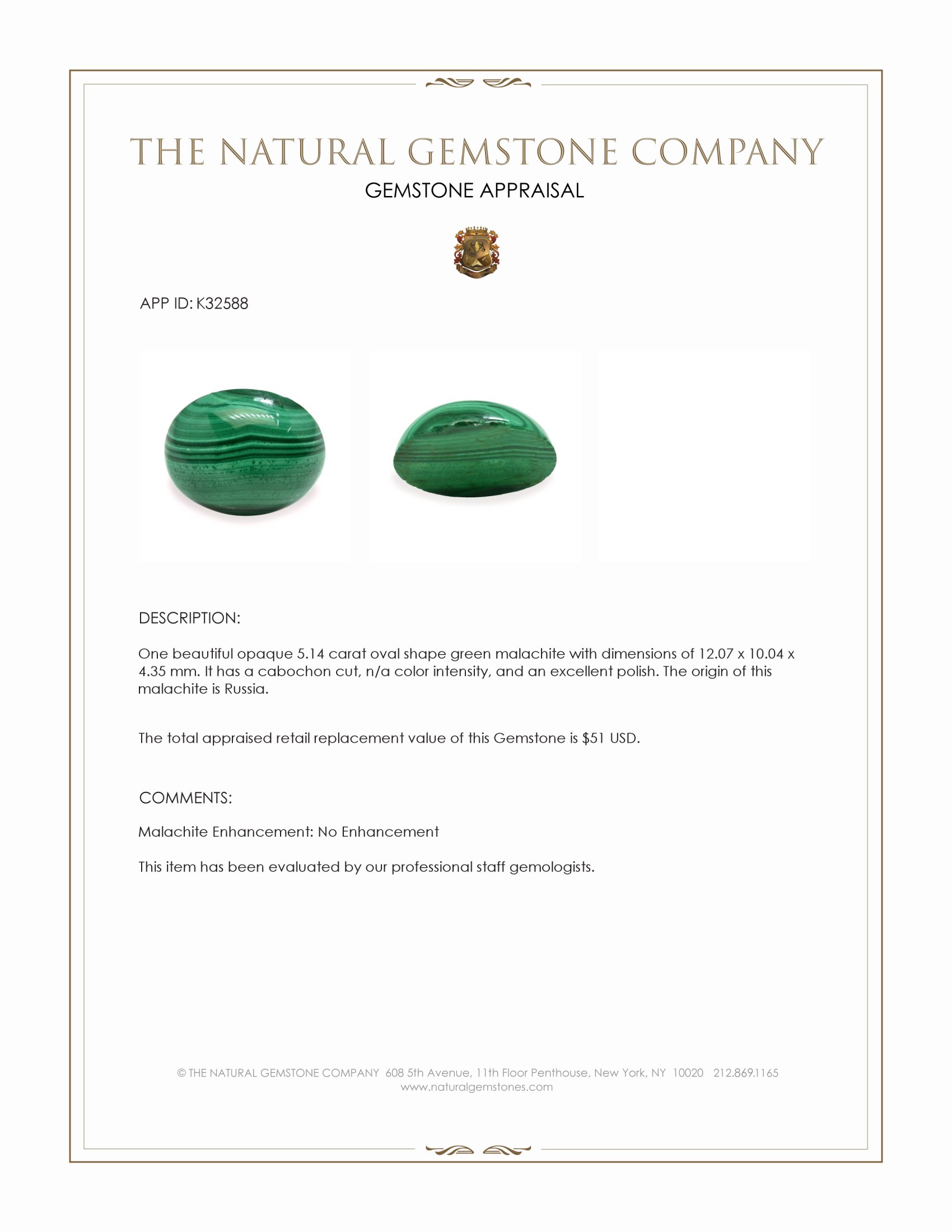 5.14 Ct. Cabochon Malachite from Russia