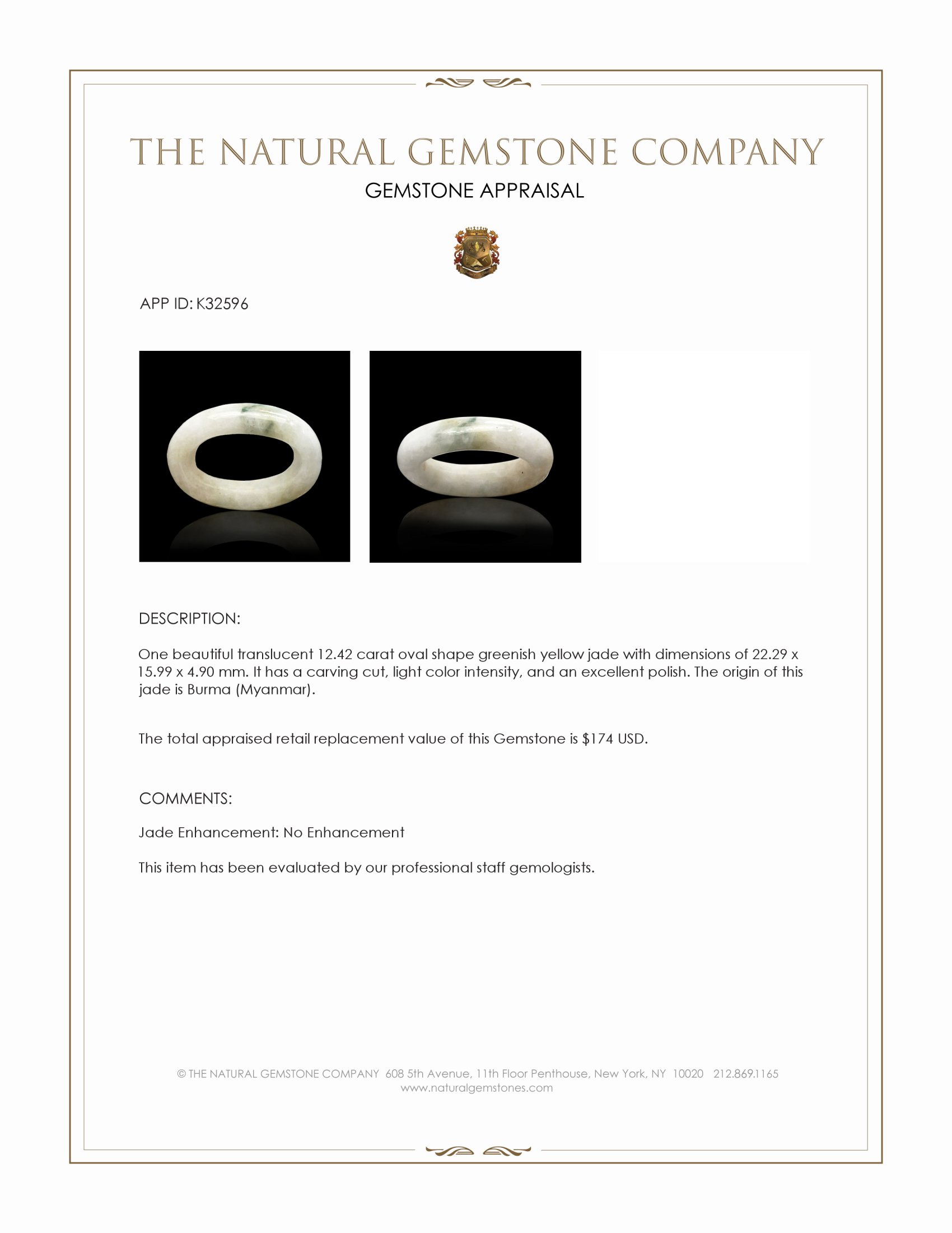 12.42 Ct. Greenish Yellow Jade from Burma (Myanmar)
