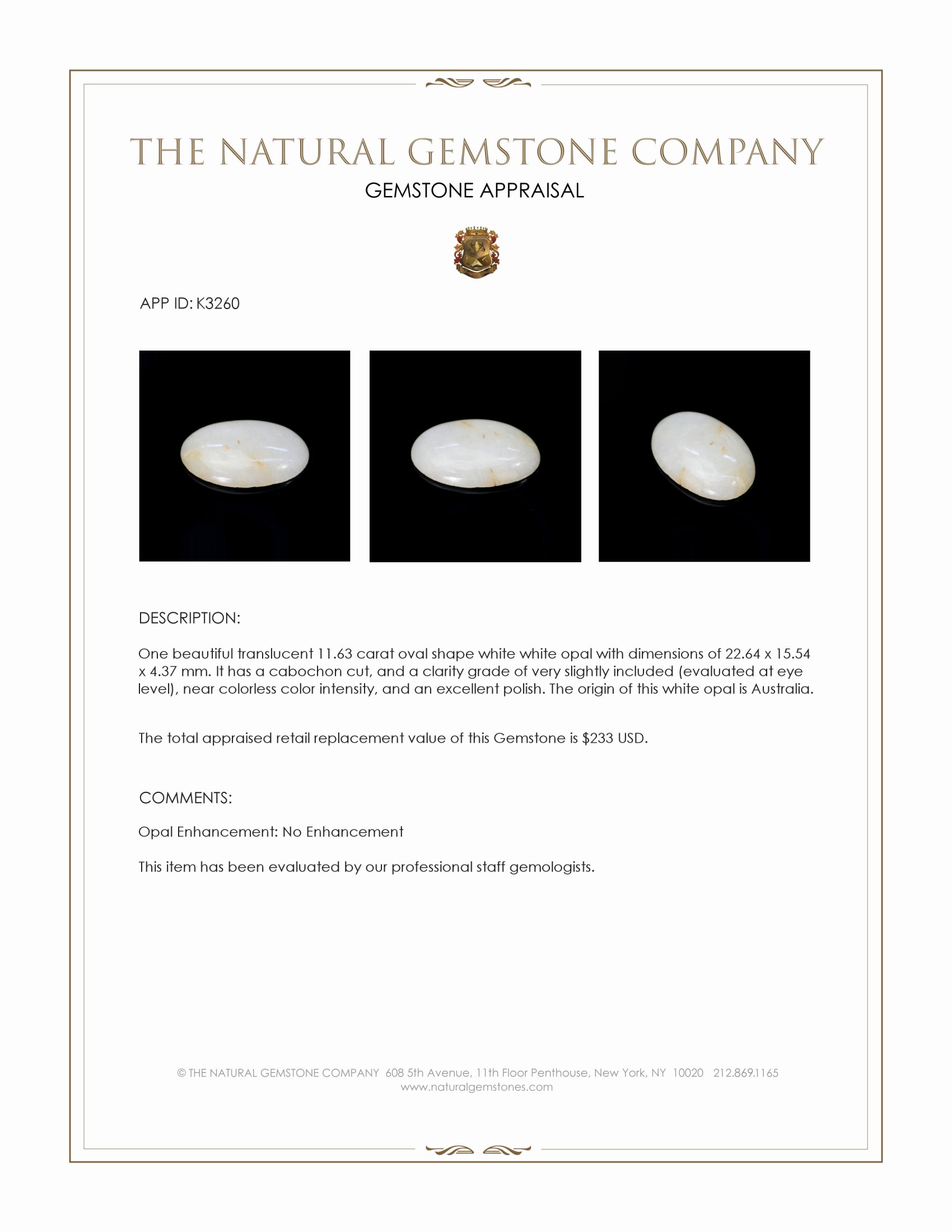 11.63 Ct. Cabochon White Opal from Australia