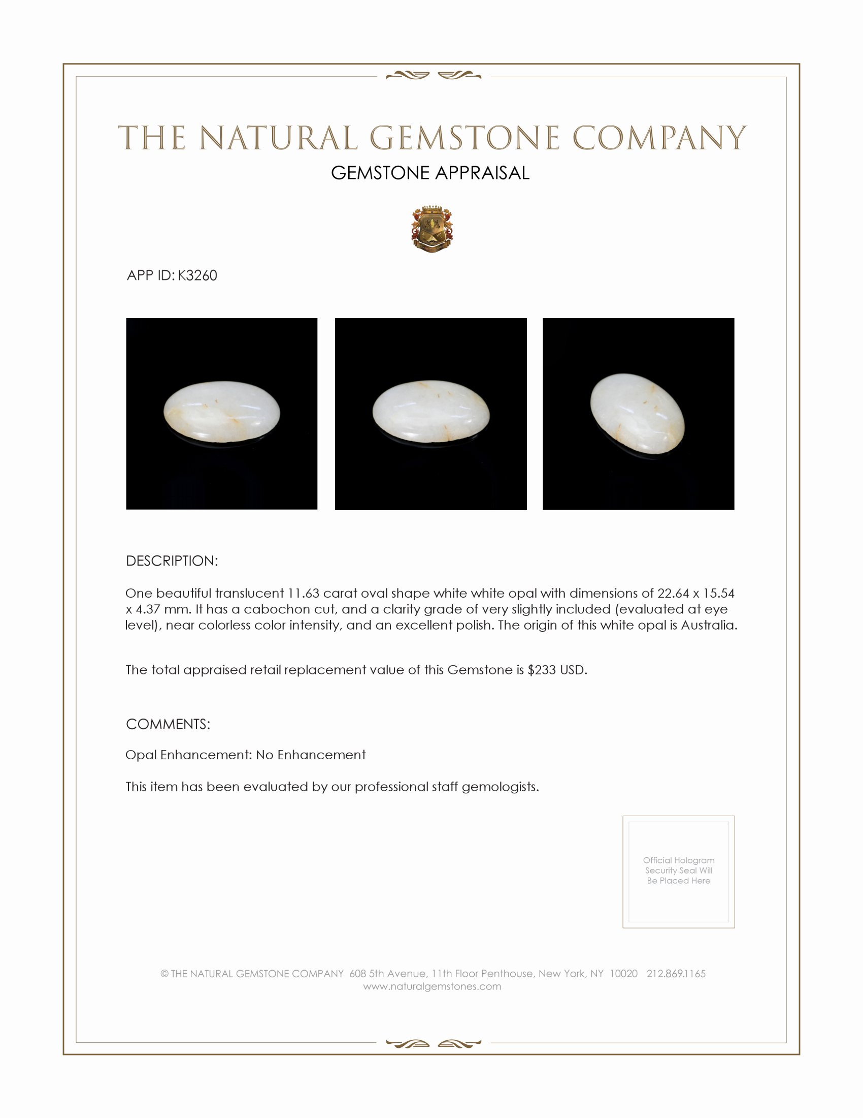 11.63 Ct. Cabochon White Opal from Australia