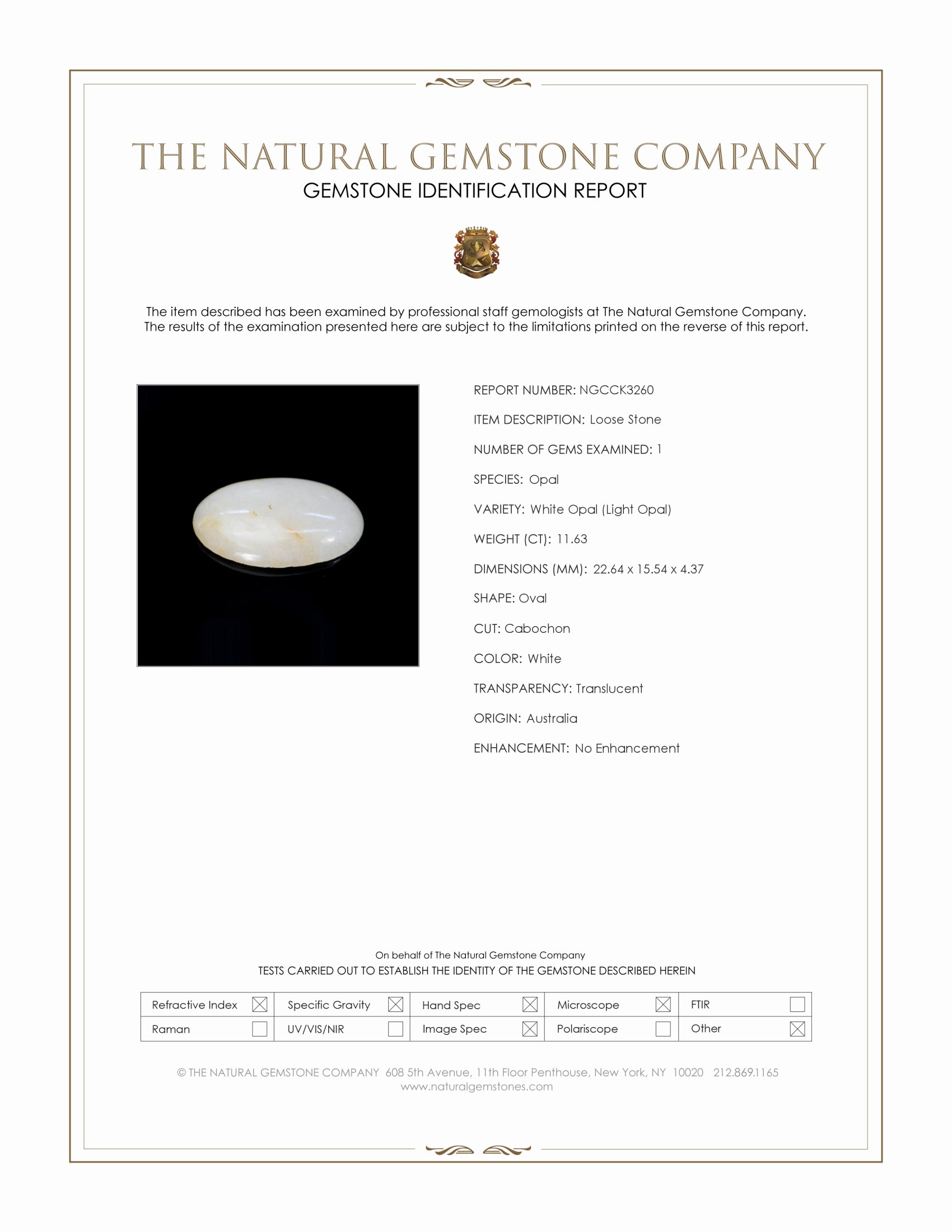 11.63 Ct. White Cabochon White Opal (Light Opal) from Australia