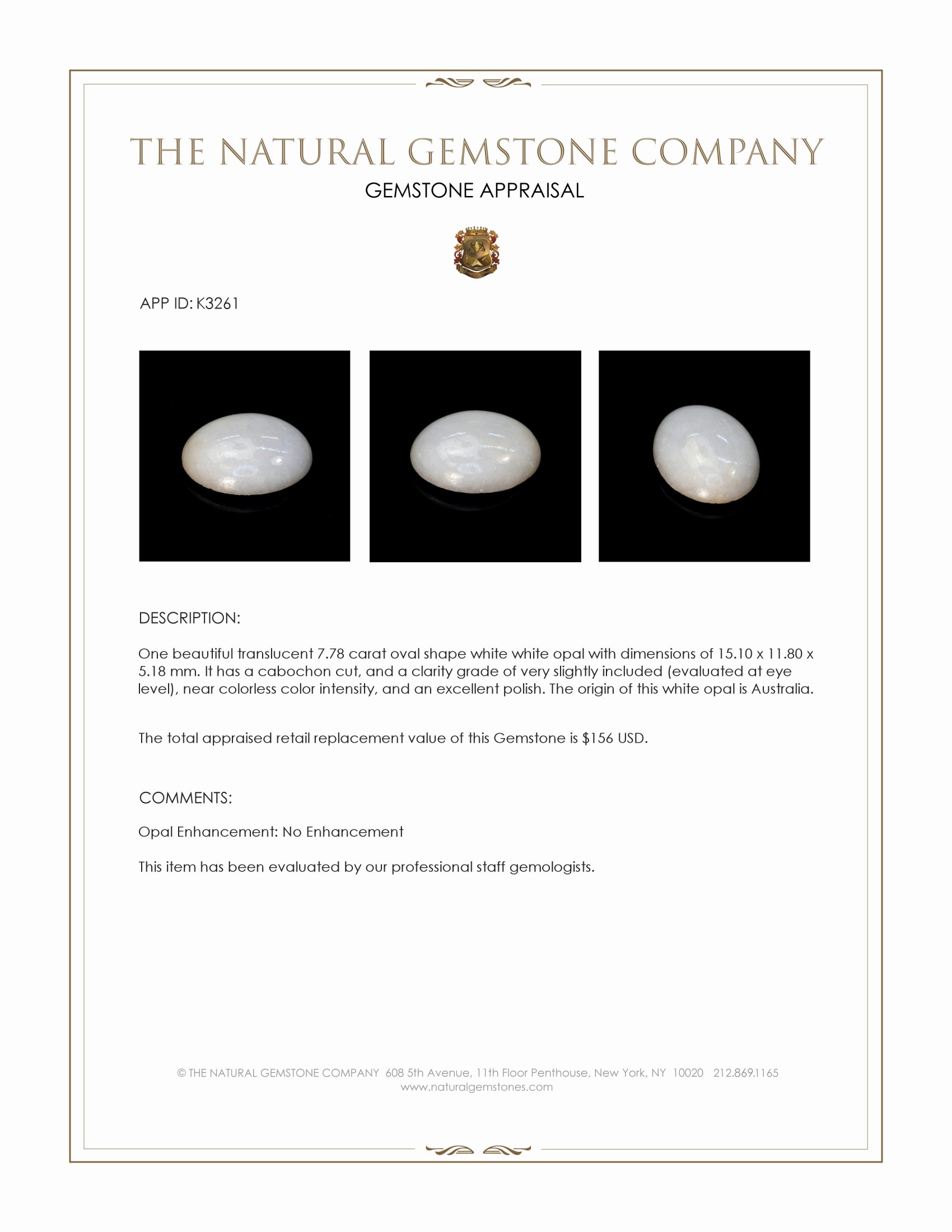 7.78 Ct. Cabochon White Opal from Australia