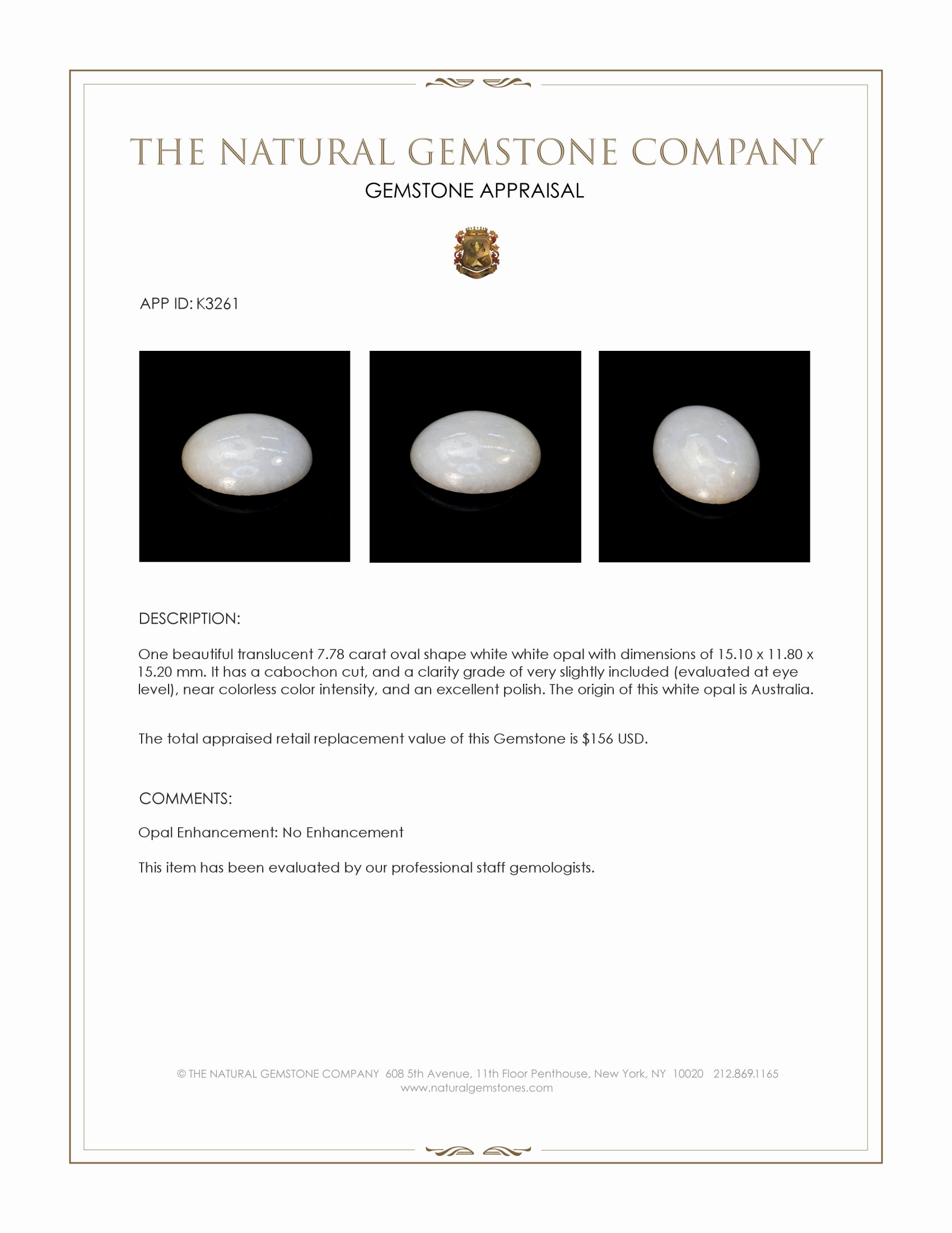 7.78 Ct. Cabochon White Opal from Australia