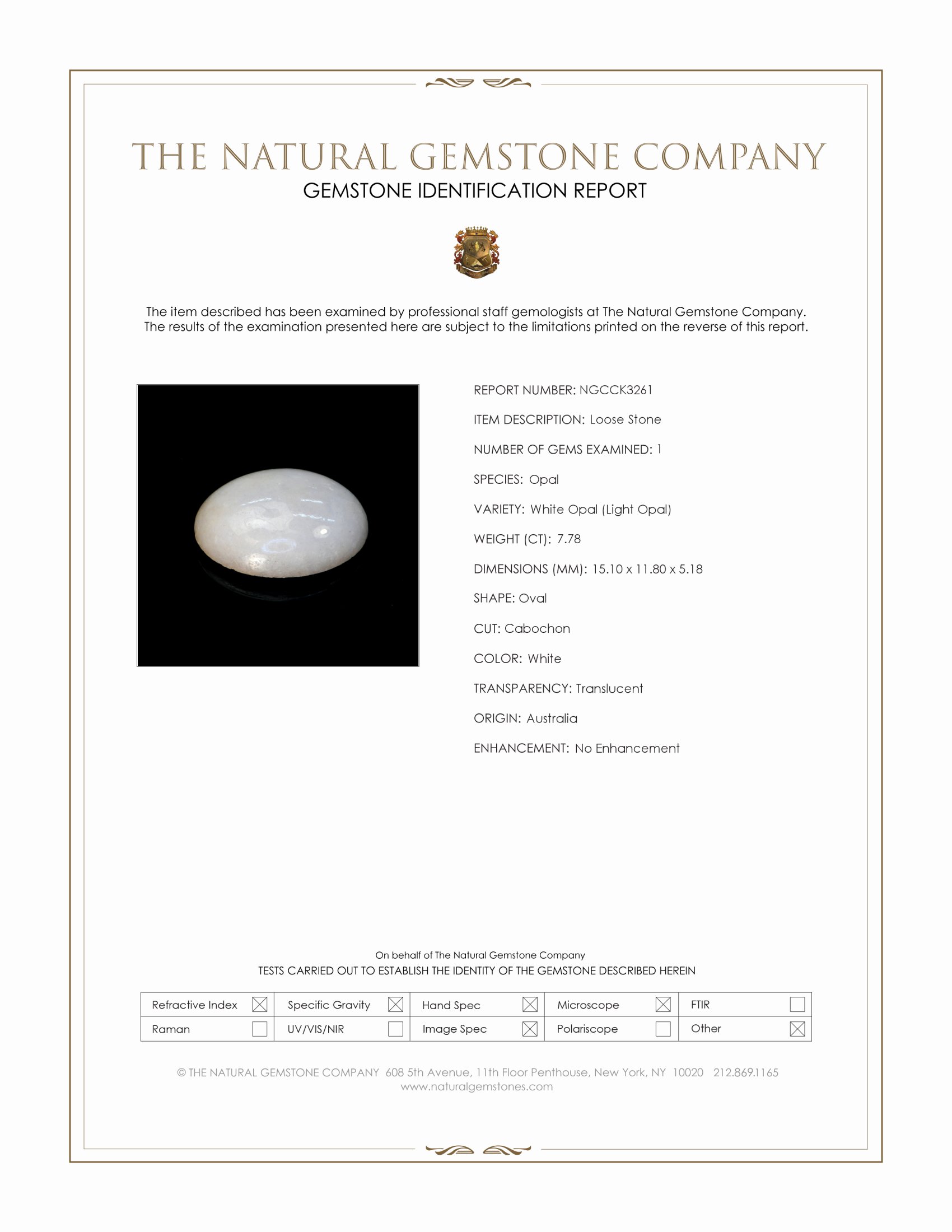 7.78 Ct. White Cabochon White Opal (Light Opal) from Australia