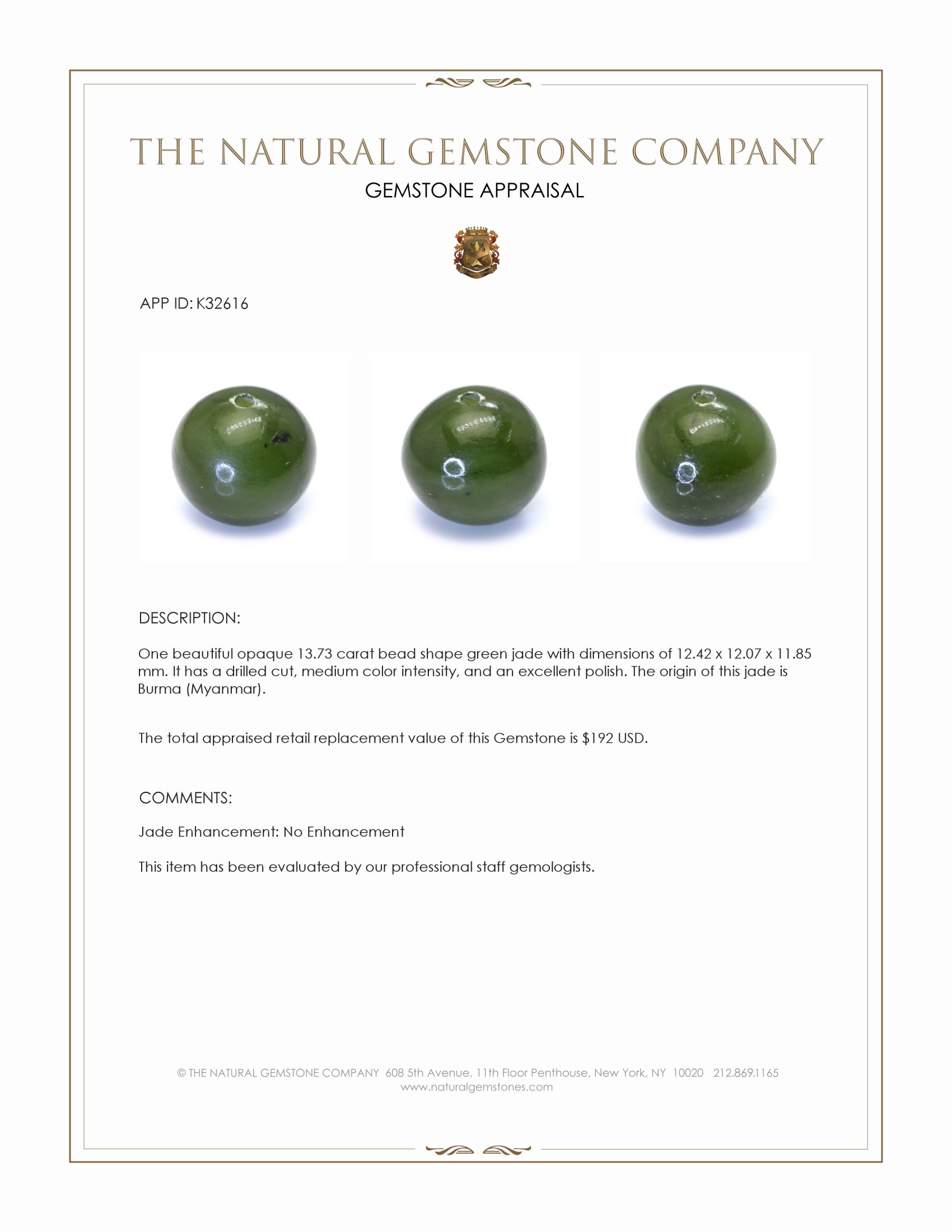 13.73 Ct. Green Jade from Burma (Myanmar)