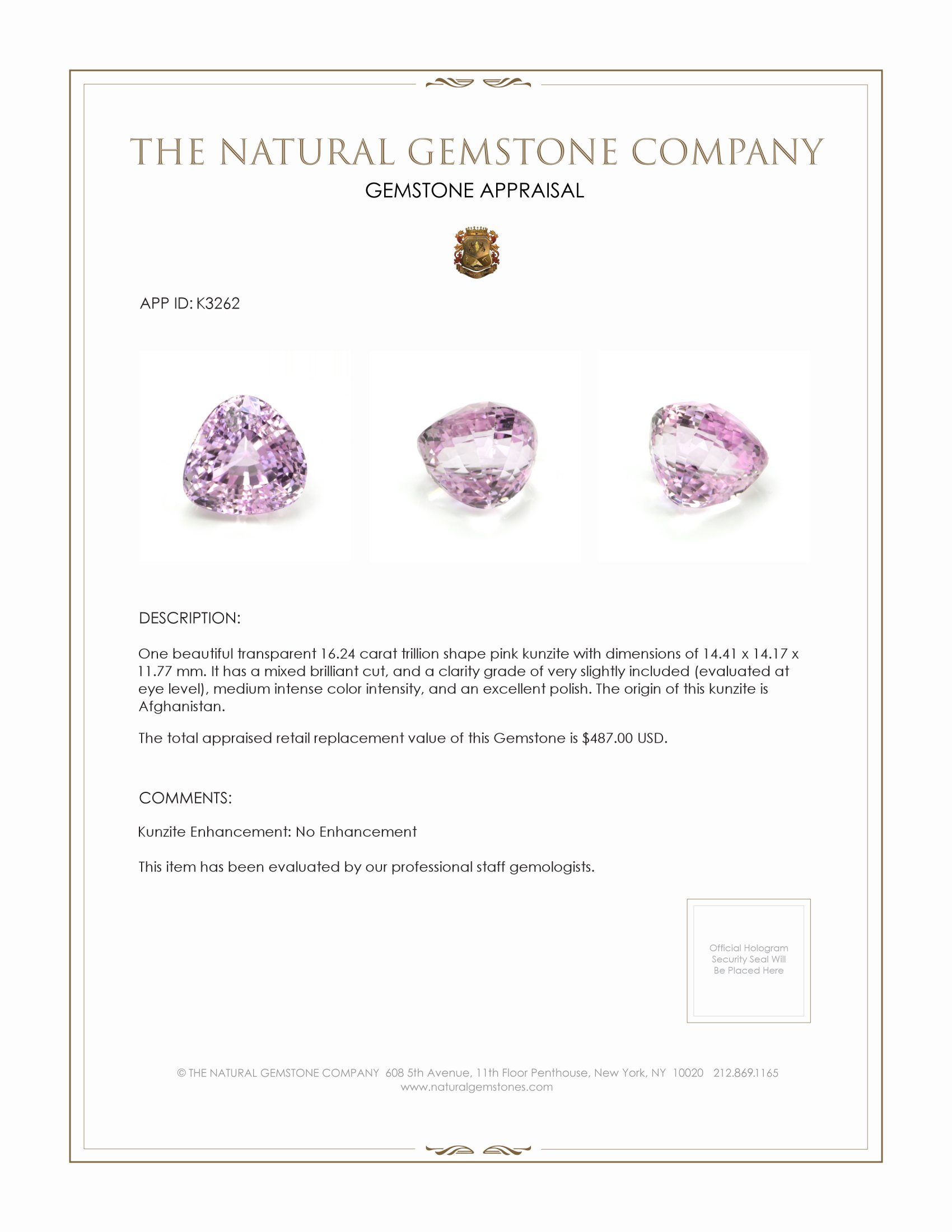 16.24 Ct. Kunzite from Afghanistan
