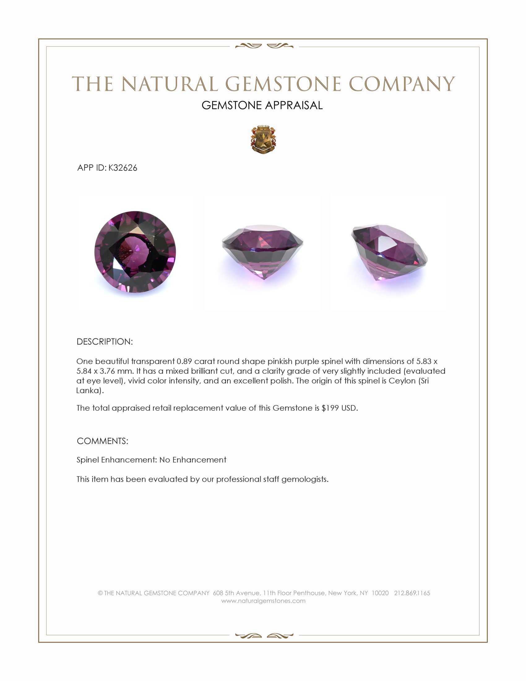 0.89 Ct. Pinkish Purple Spinel from Ceylon (Sri Lanka)