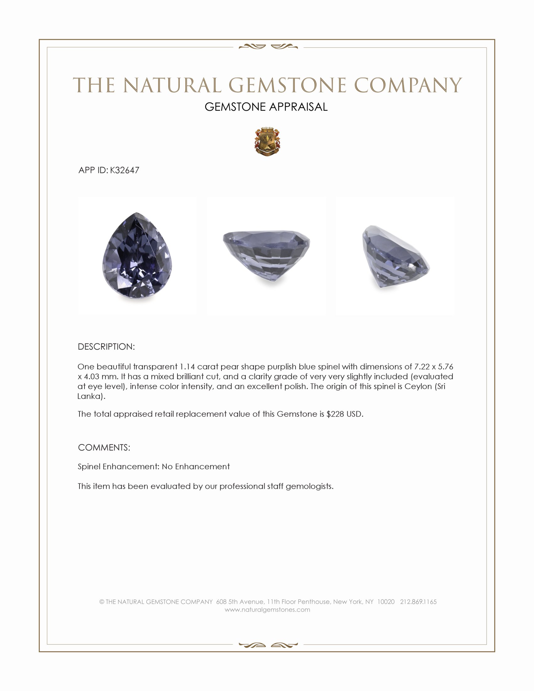 1.14 Ct. Purplish Blue Spinel from Ceylon (Sri Lanka)