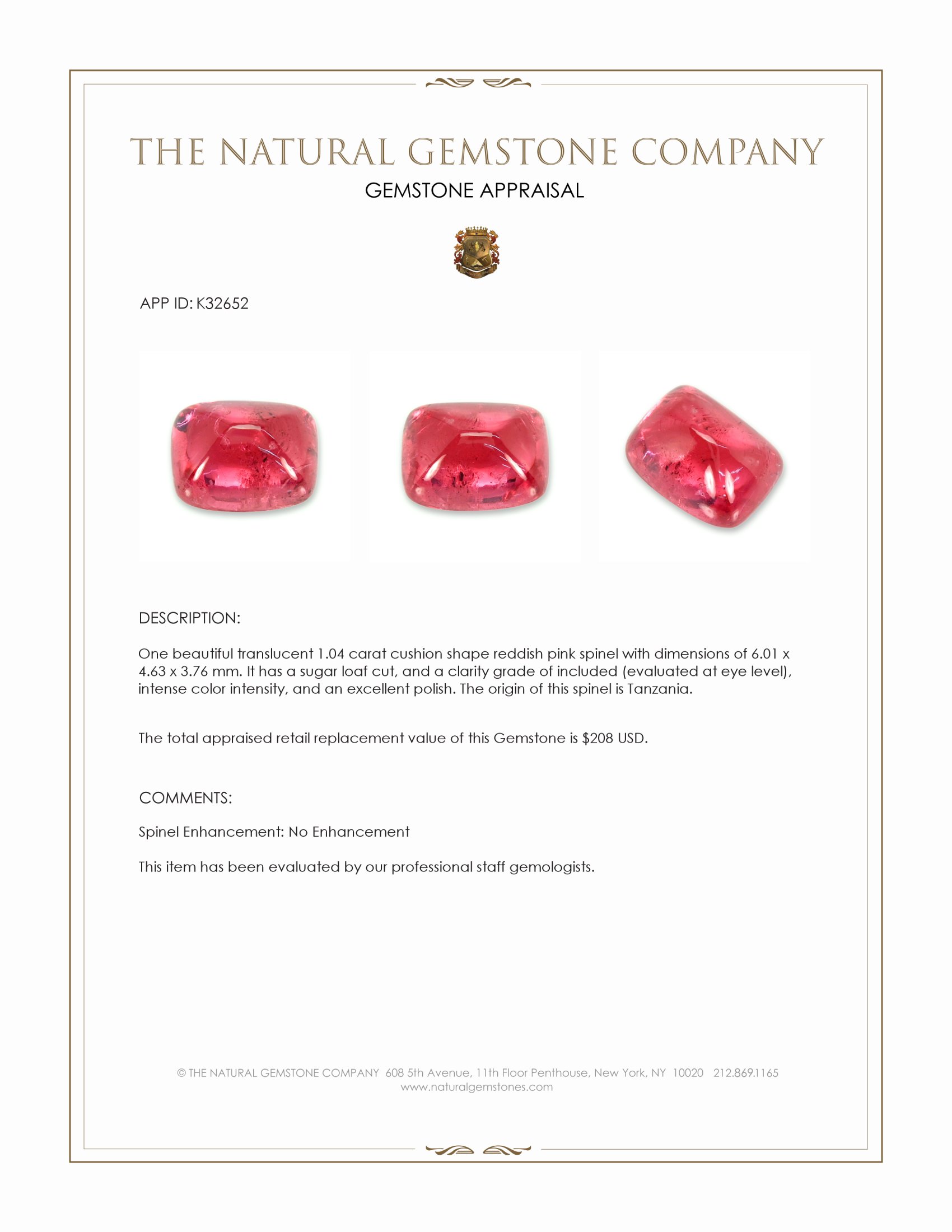 1.04 Ct. Reddish Pink Cabochon Spinel from Tanzania