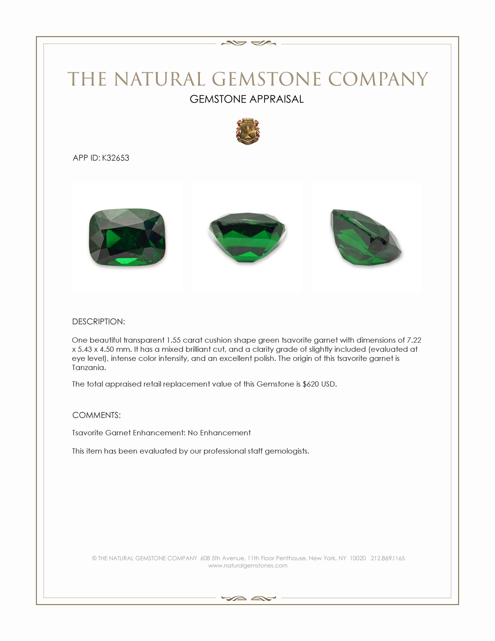 1.55 Ct. Tsavorite Garnet from Tanzania