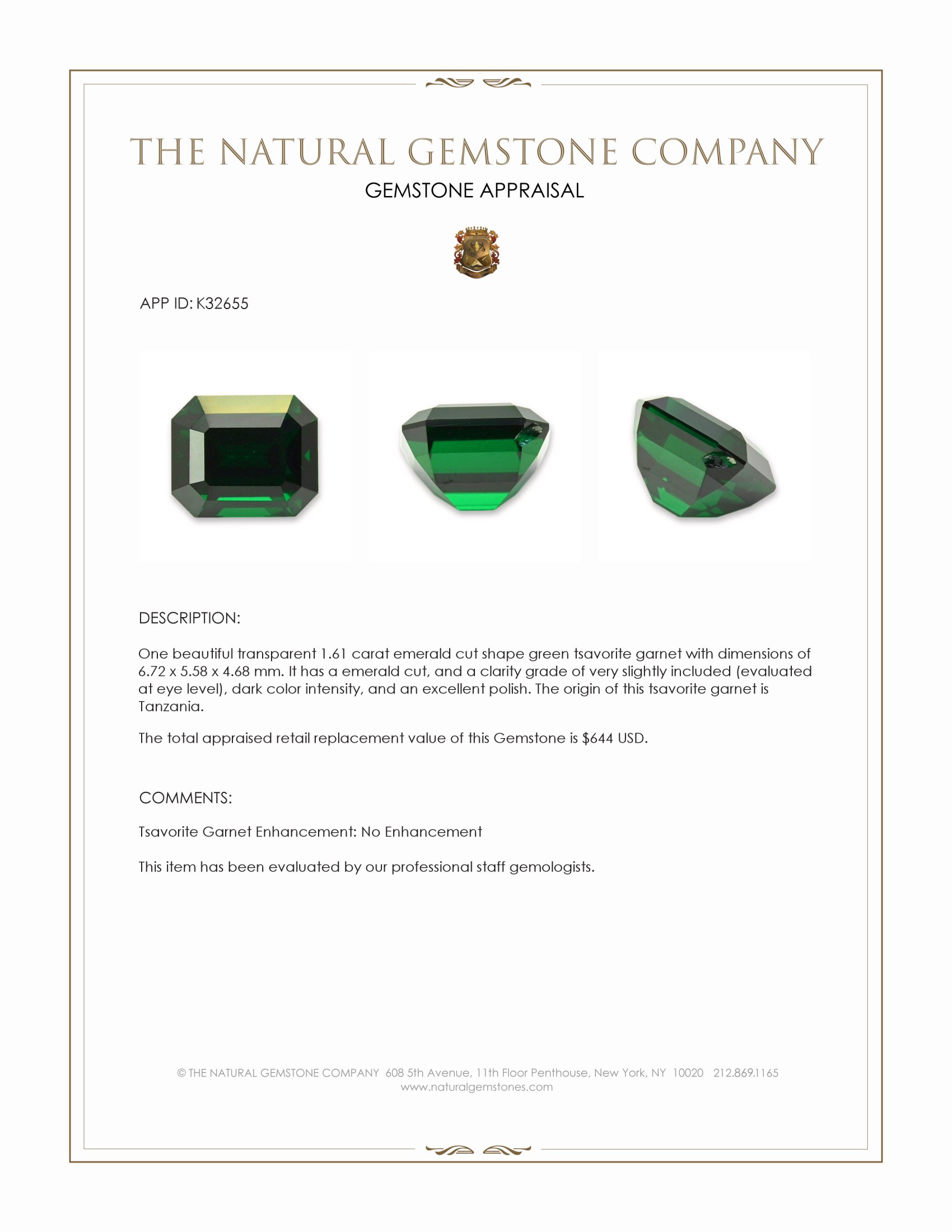 1.61 Ct. Tsavorite Garnet from Tanzania